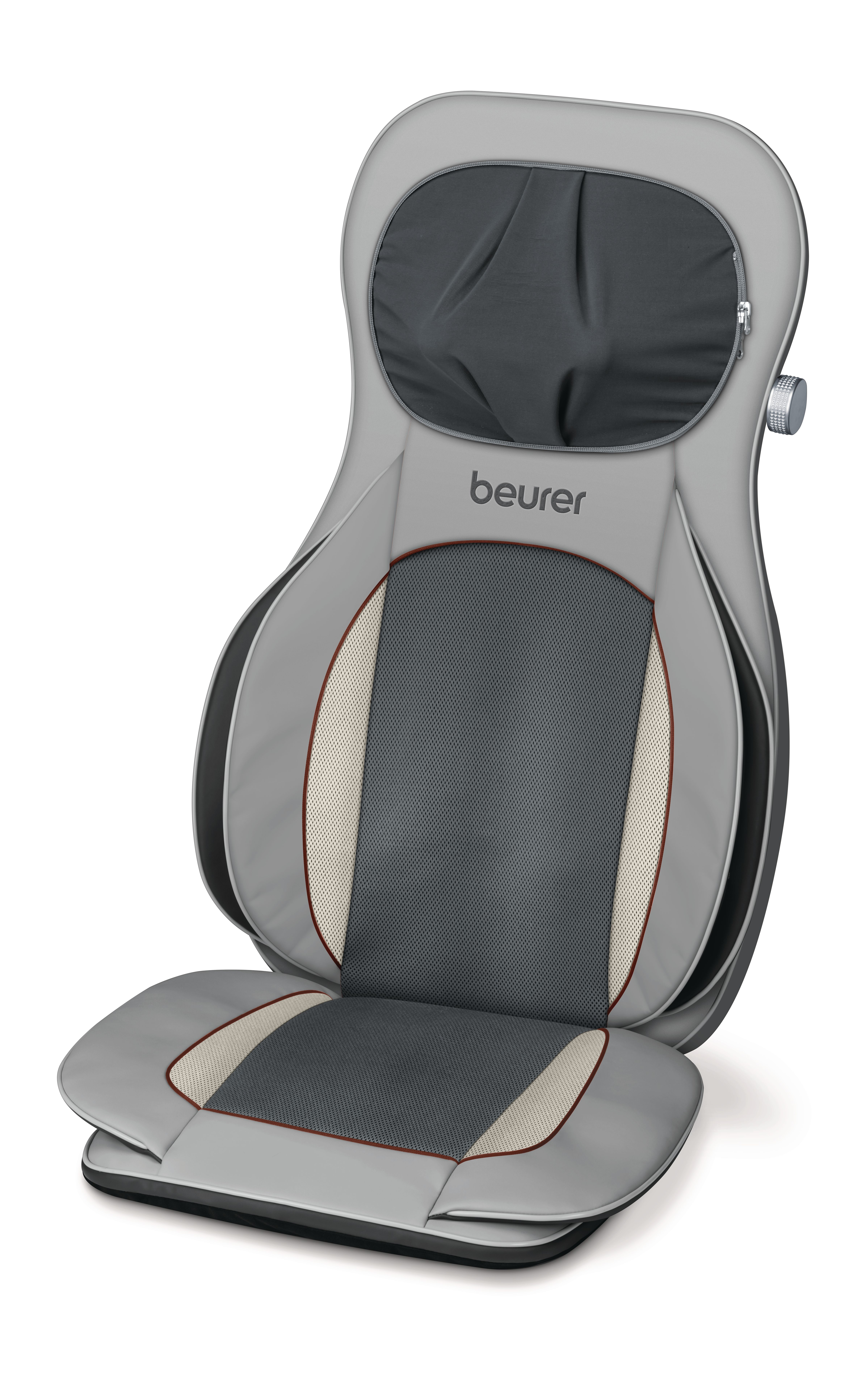 Grauer Beurer Massagesitz mit Netzoberfläche und Akzenten.