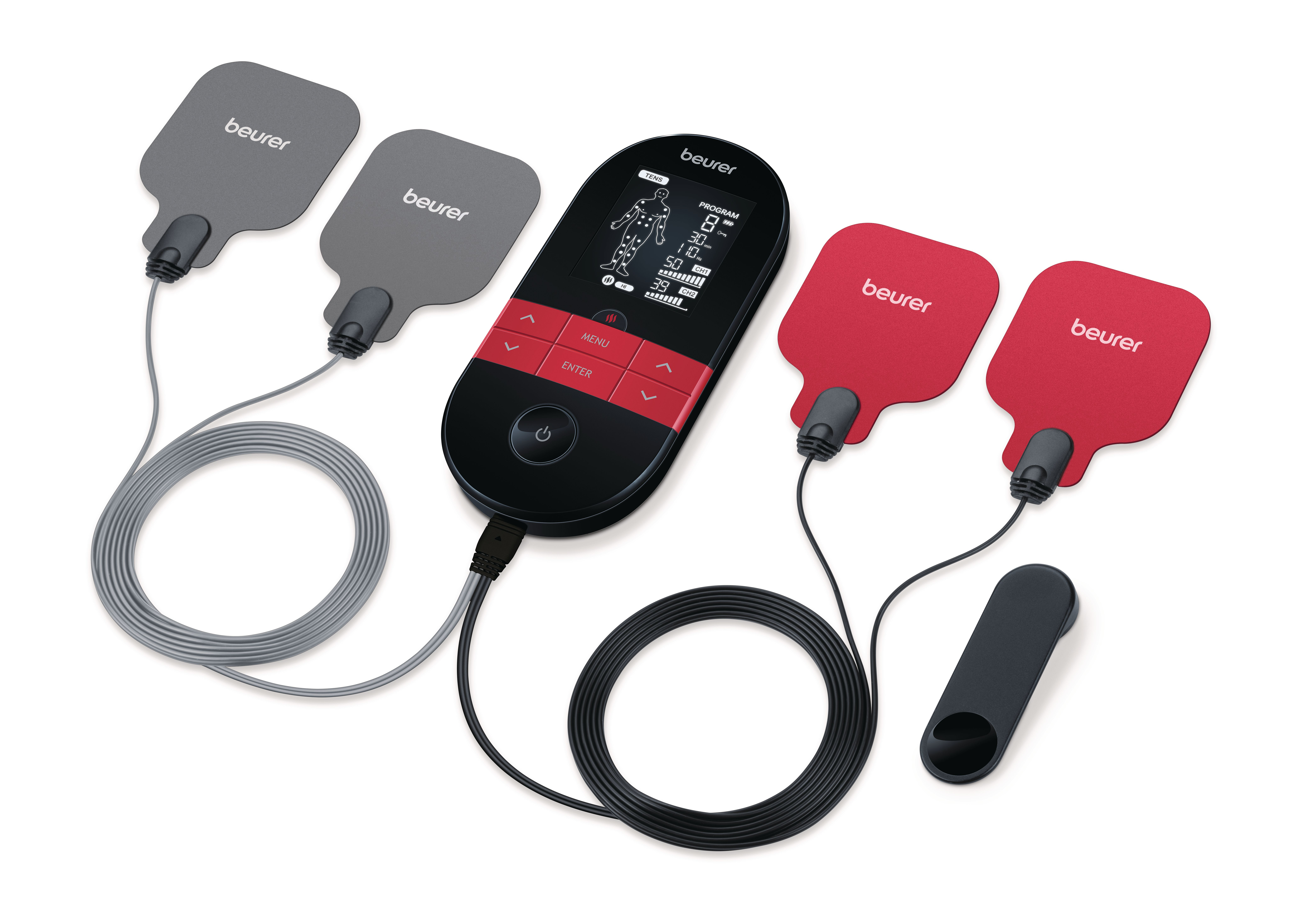 Ein TENS-Gerät mit schwarzem Hauptteil, roten und grauen Elektrodenpads und Kabeln.