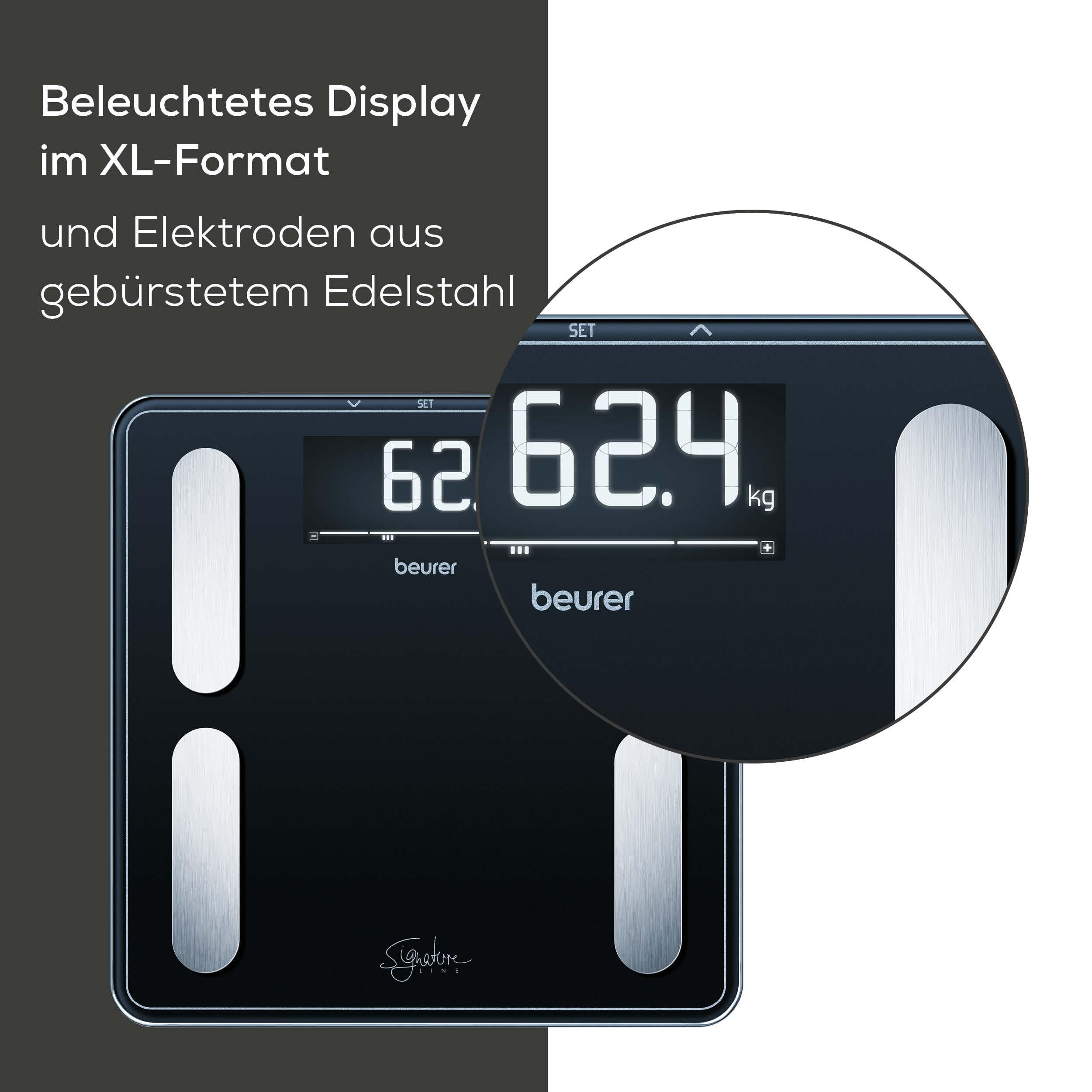 Schwarze Personenwaage mit beleuchtetem XL-Display zeigt 62,4 kg an.