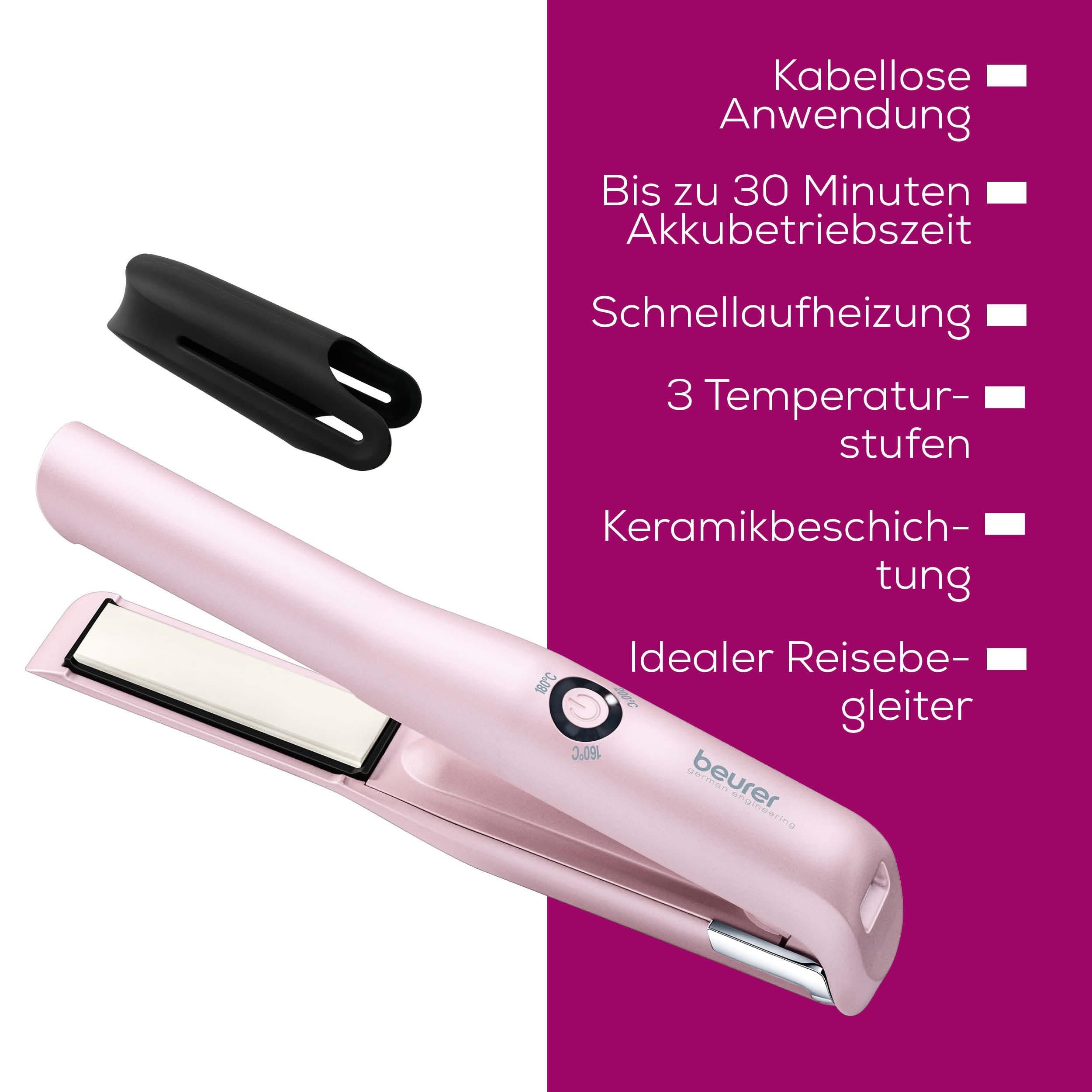 Ein rosafarbenes Glätteisen mit schwarzem Aufsatz liegt auf weißem und pinkem Hintergrund.