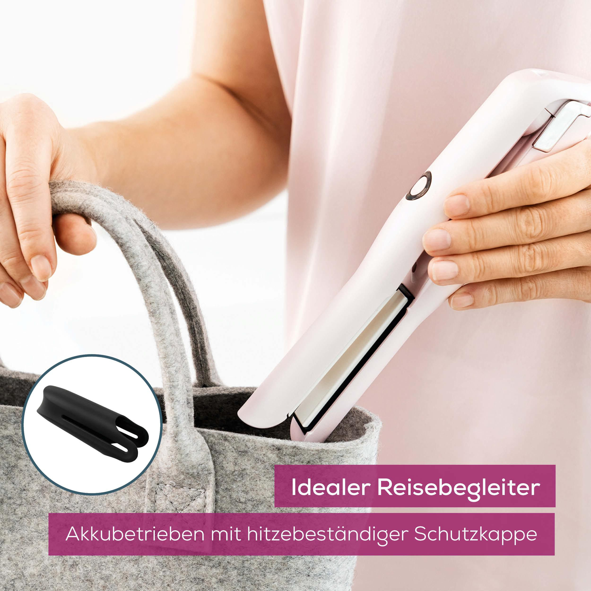 Weiße Haarglätter mit schwarzer Kappe in grauer Filztasche.
