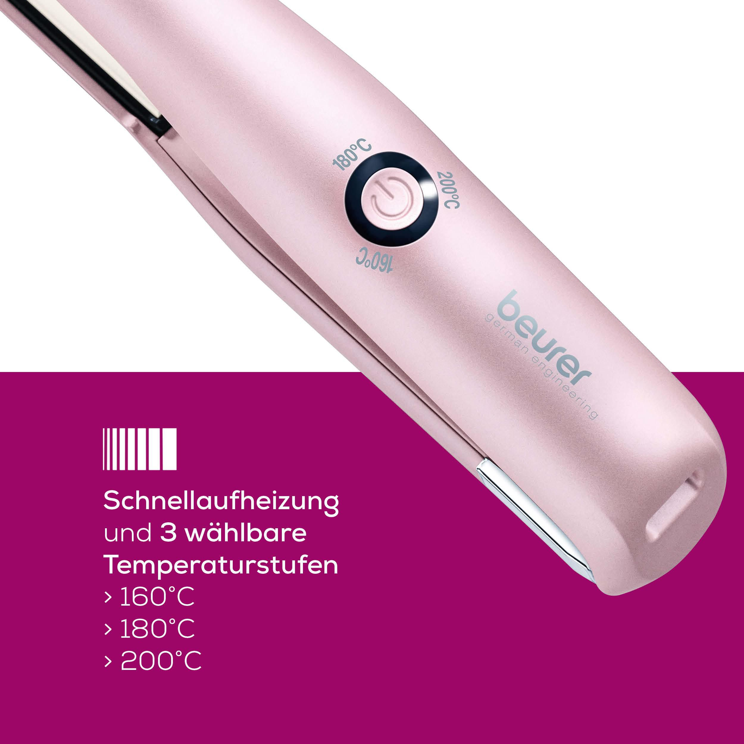 Ein roségoldenes Glätteisen mit Temperaturregler und Text.