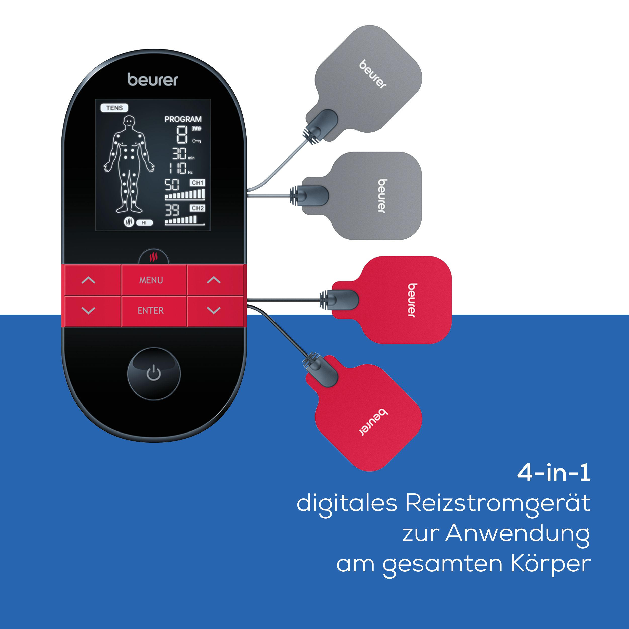 Ein Beurer TENS-Gerät mit Elektroden, zwei graue und zwei rote.