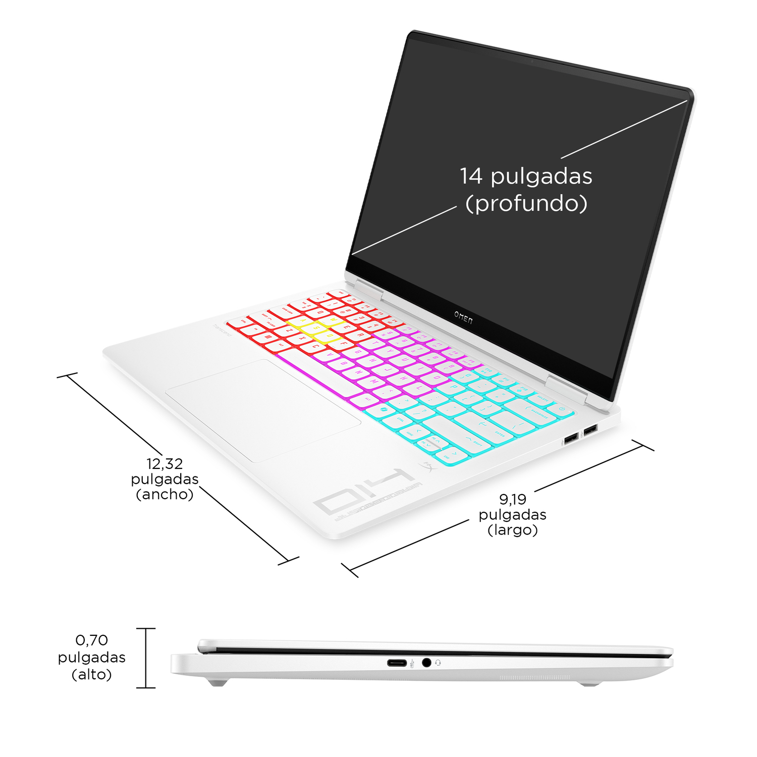 Portátil blanco con teclado de colores, medidas indicadas en pulgadas.