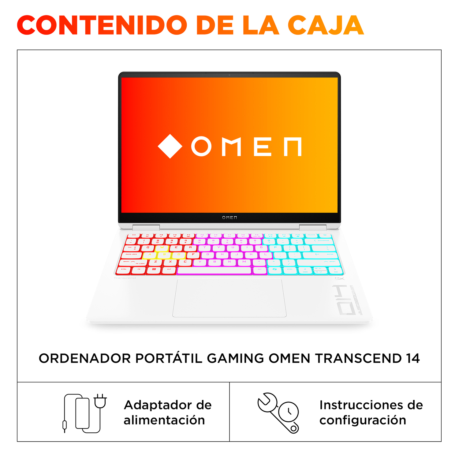 Un portátil gaming blanco con logo Omen en pantalla y teclado retroiluminado.