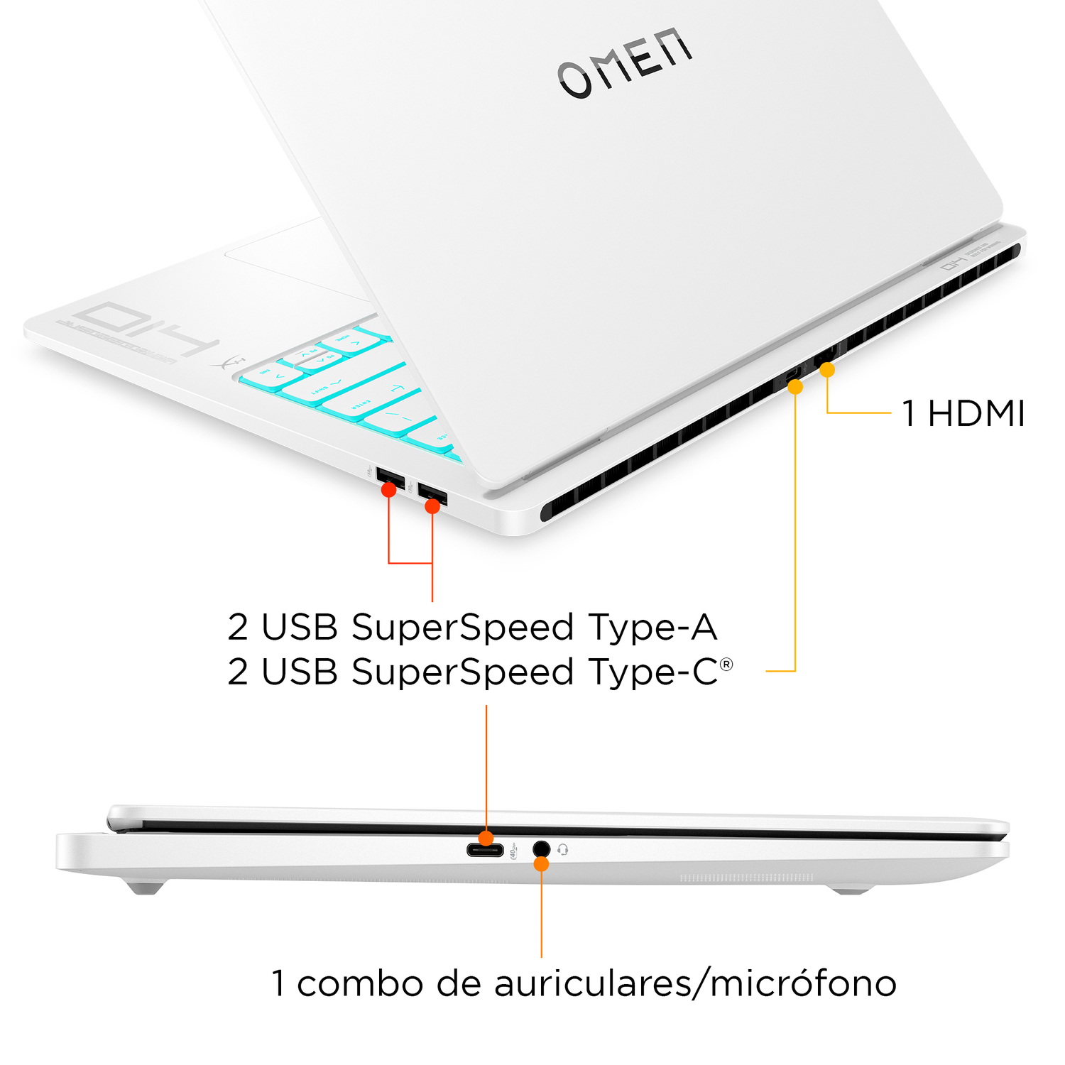 Portátil OMEN blanco con teclado retroiluminado, puertos y HDMI.