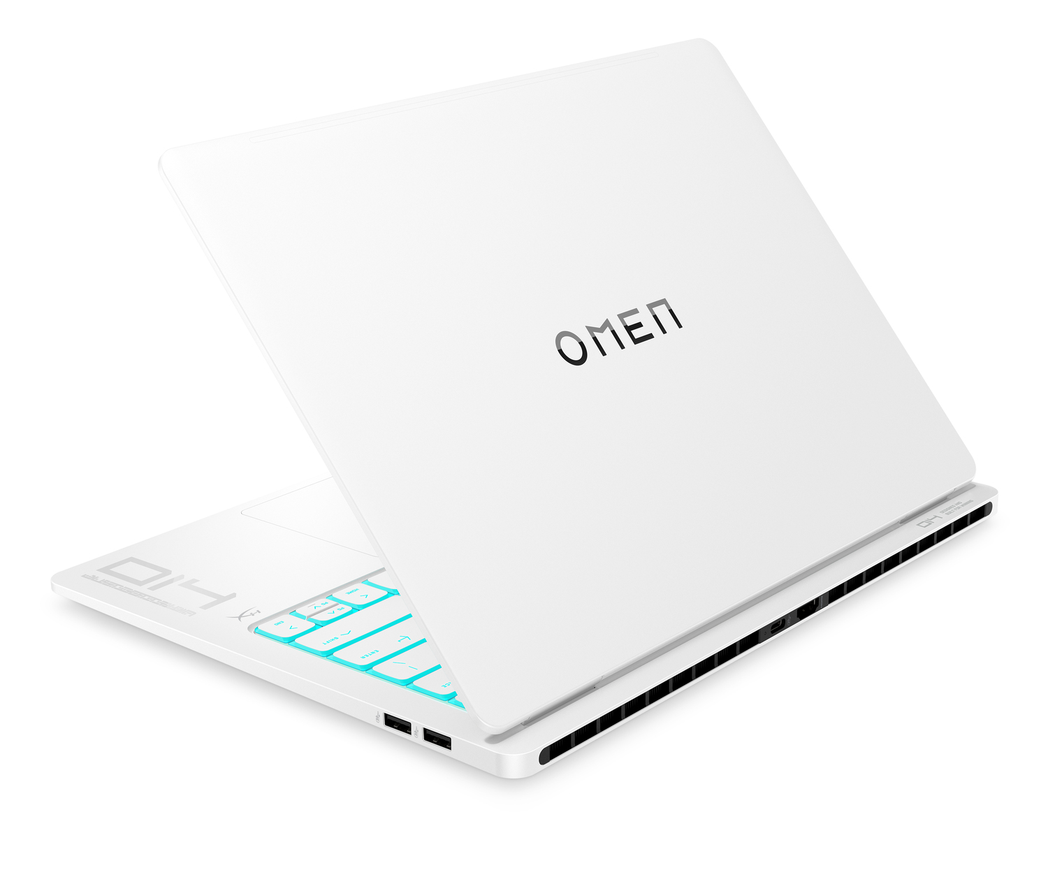 Un portátil blanco con teclado iluminado y logo Omen.