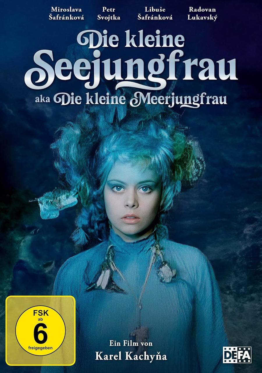 Poster mit einem Mädchen mit blauen Haaren und blauem Kleid, Titel "Die kleine Seejungfrau".