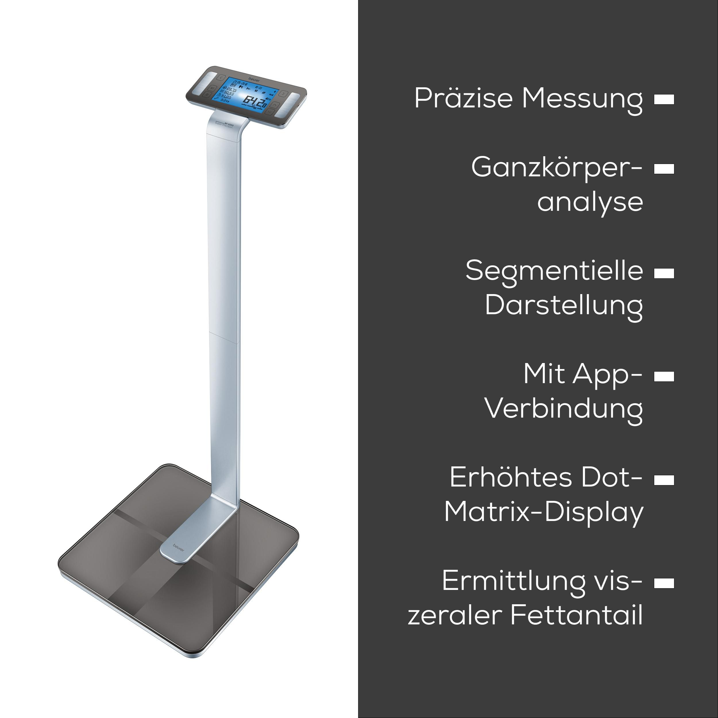 Ein schlanker digitaler Personenwaage mit silbernem Ständer und schwarzer Glasplattform.