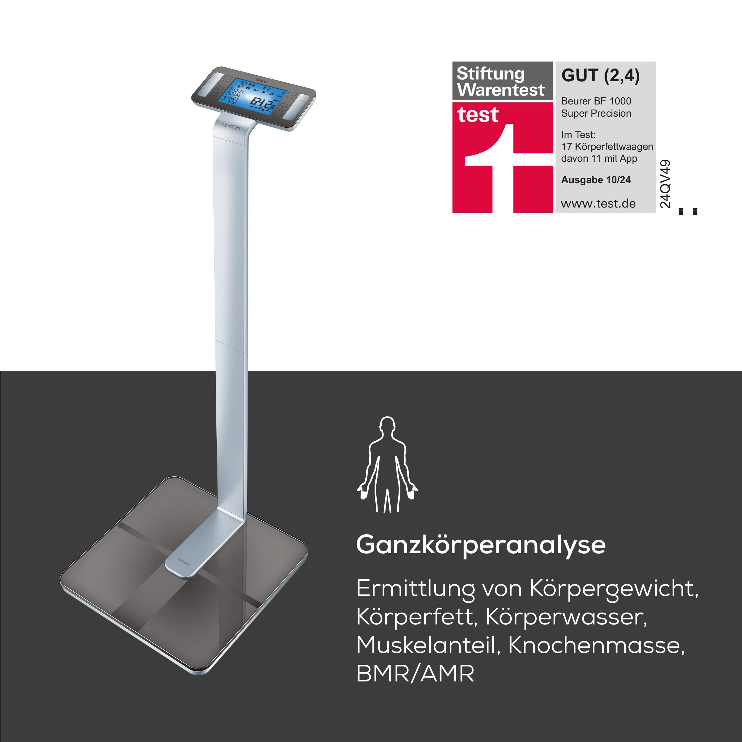 Digitale Körperfettwaage mit Säule und Display. Steht auf dunklem Grund.