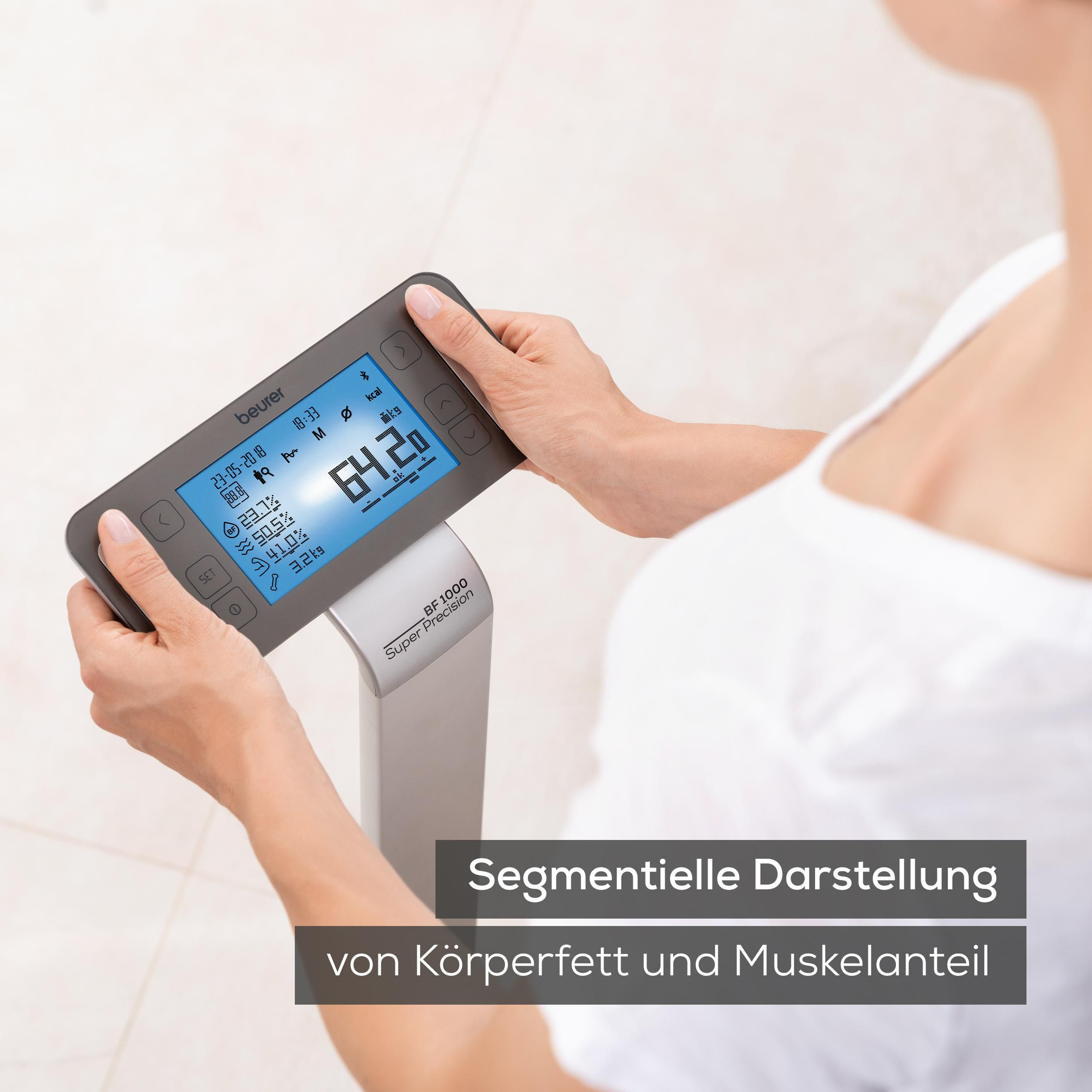 Person hält ein Körperanalysegerät mit Display, das Daten wie Gewicht und Körperfett anzeigt.