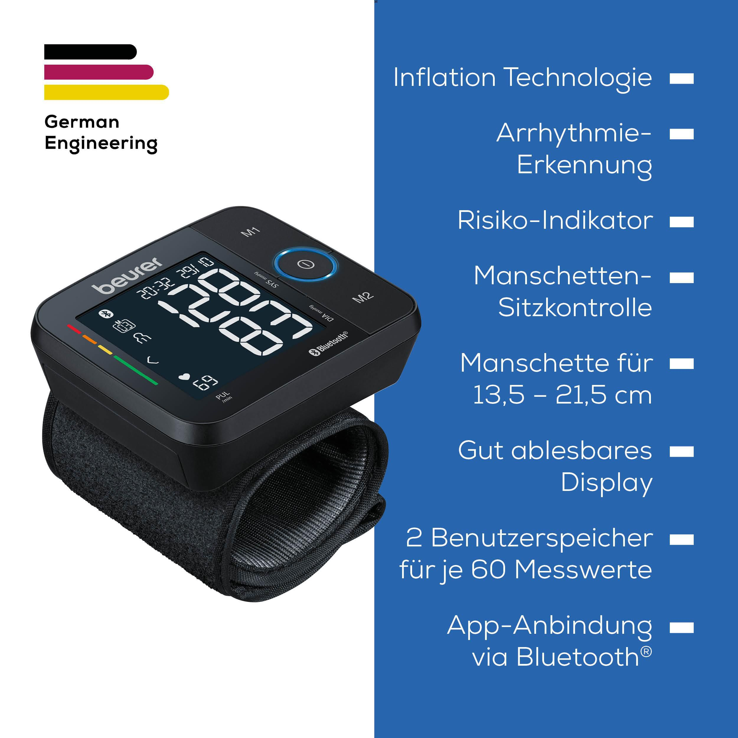 Beurer Oberarm-Blutdruckmessgerät mit Inflationstechnologie und App-Anbindung.