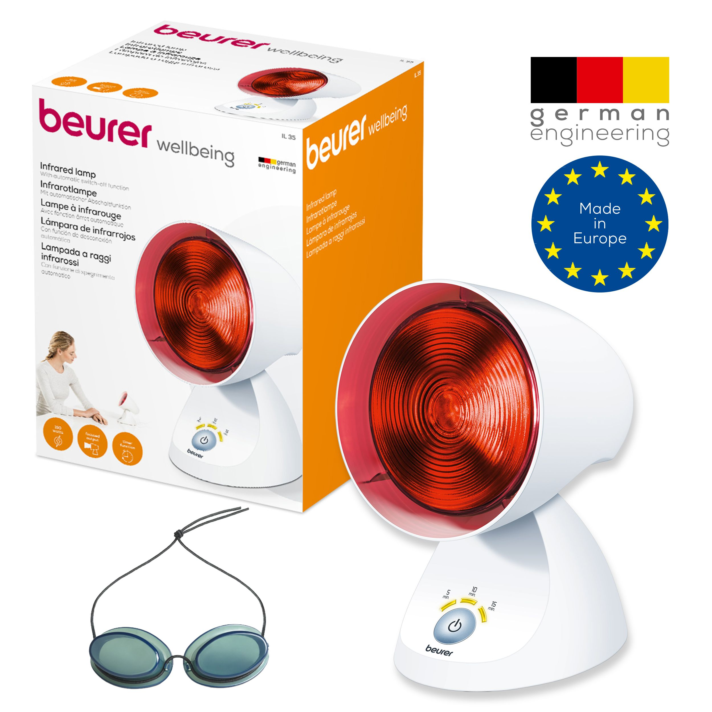 Ein rotes Infrarotlicht-Therapiegerät mit Verpackung und Schutzbrille.