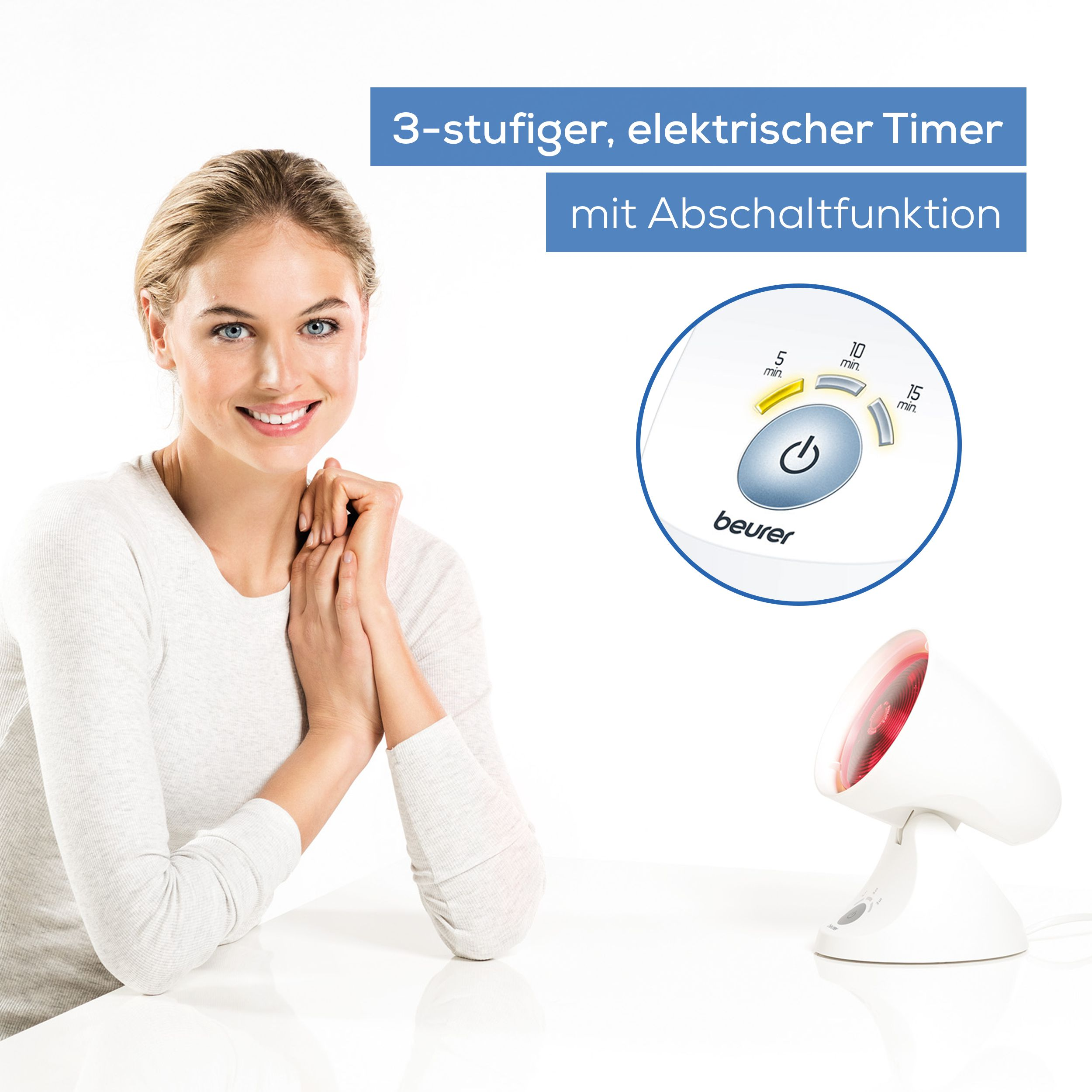 Frau lächelt neben Infrarotlampe und Beurer Timer mit 3 Stufen.