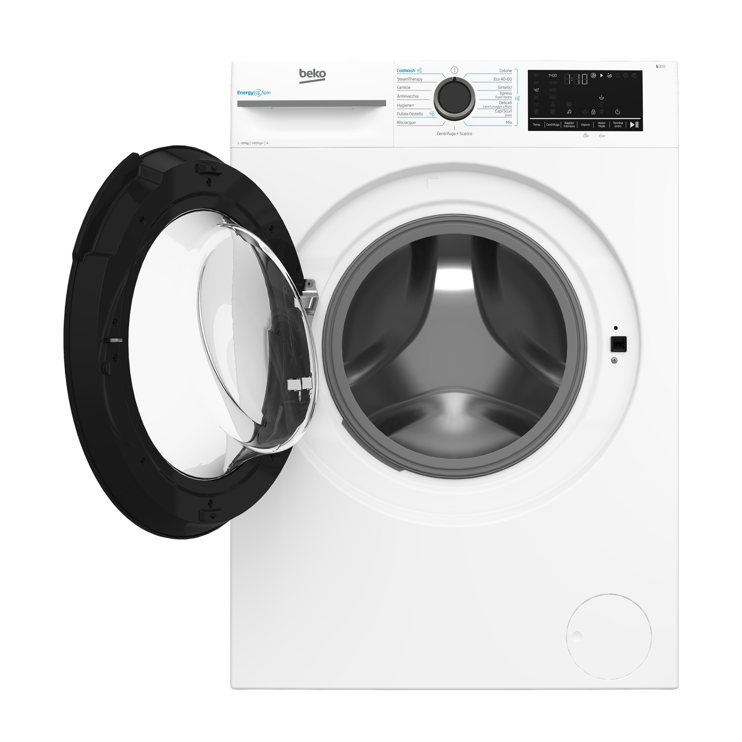 Lavatrice Beko bianca con oblò aperto e pannello comandi digitale.
