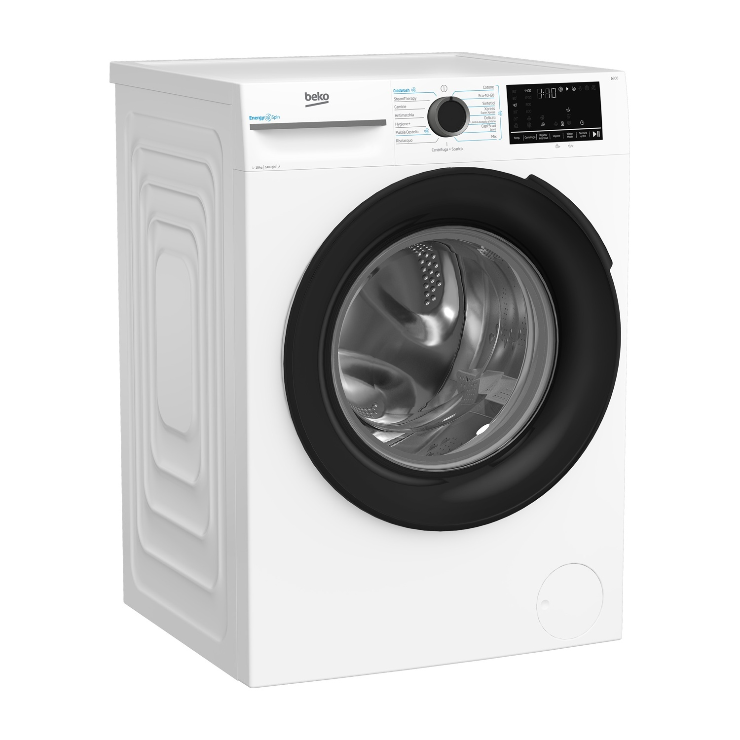 Una lavatrice Beko bianca con oblò e pannello comandi neri.