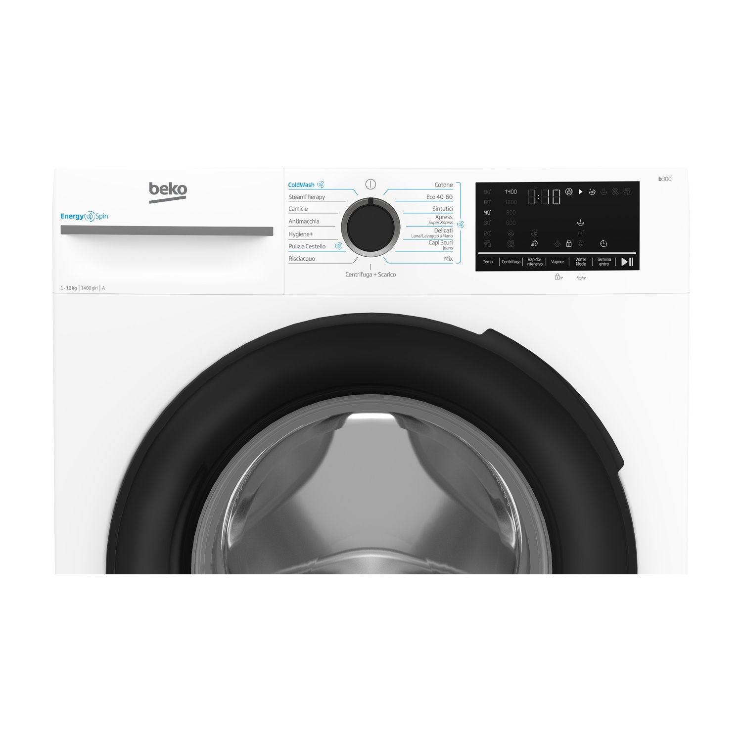 Una lavatrice Beko bianca con porta e pannello di controllo neri che mostrano programmi e impostazioni.