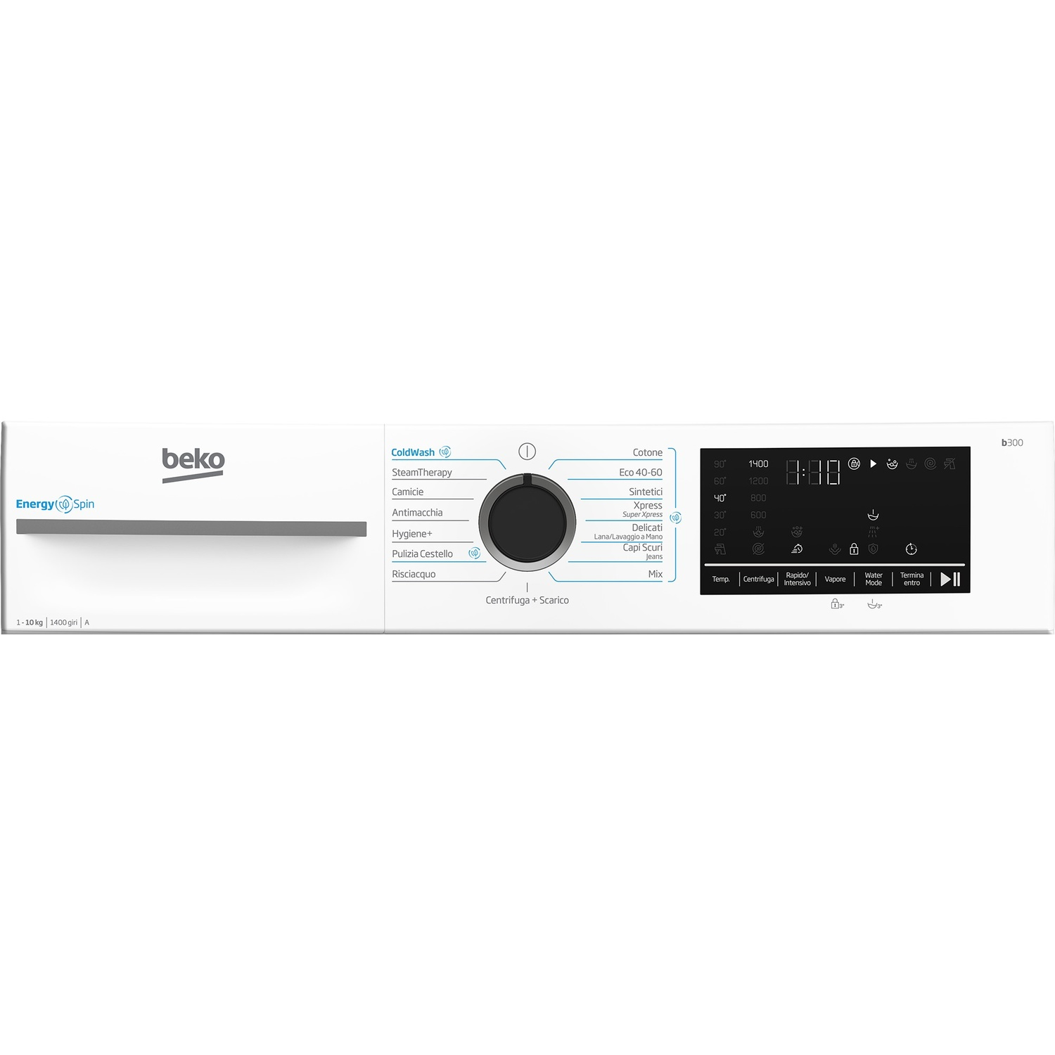 Lavatrice Beko con display digitale e manopola programmi. Sinistra: logo, efficienza energetica.