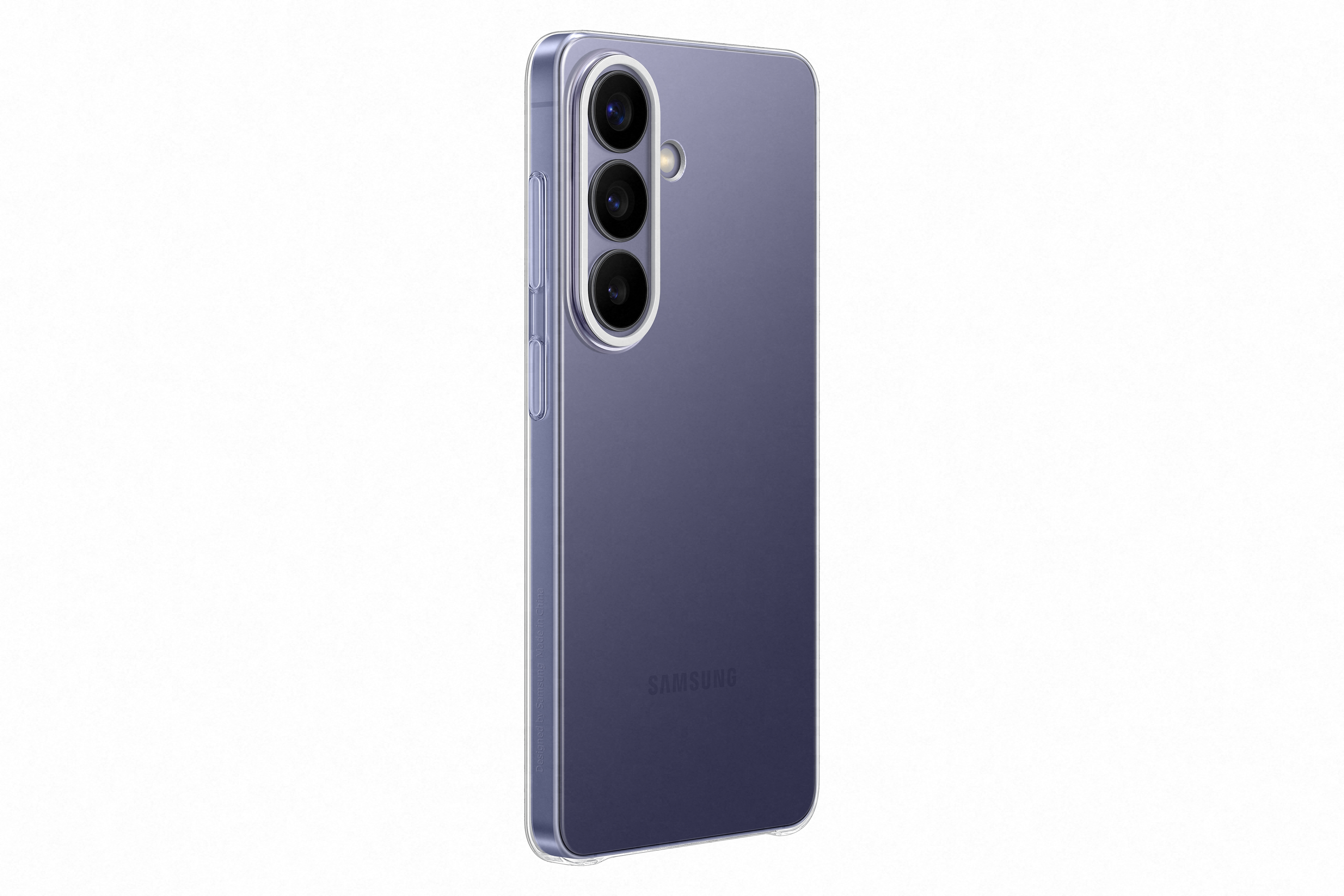 Ein violetter Samsung Handy mit drei Kameras in einem klaren Gehäuse.
