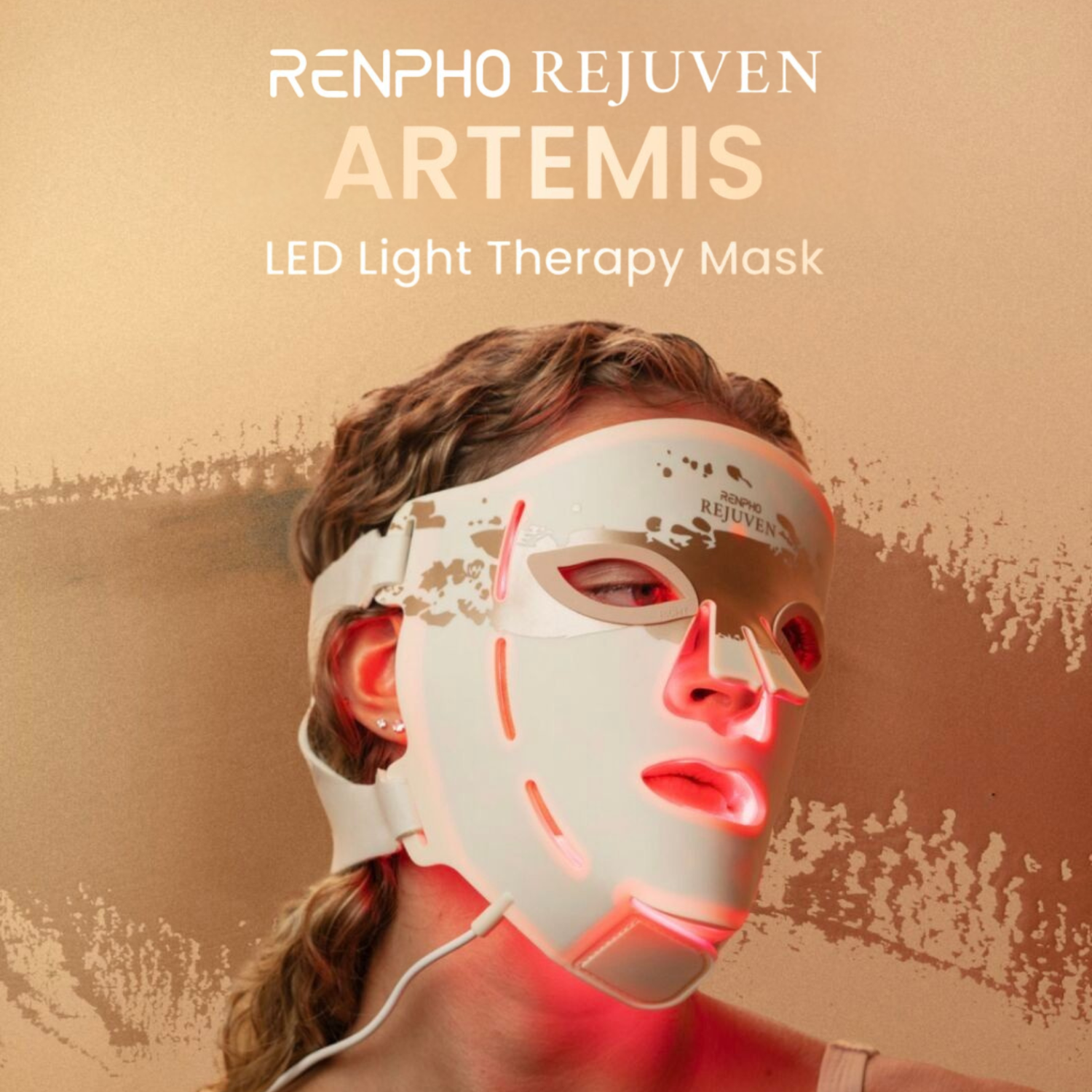 A woman wears a white LED light therapy mask with red lights.