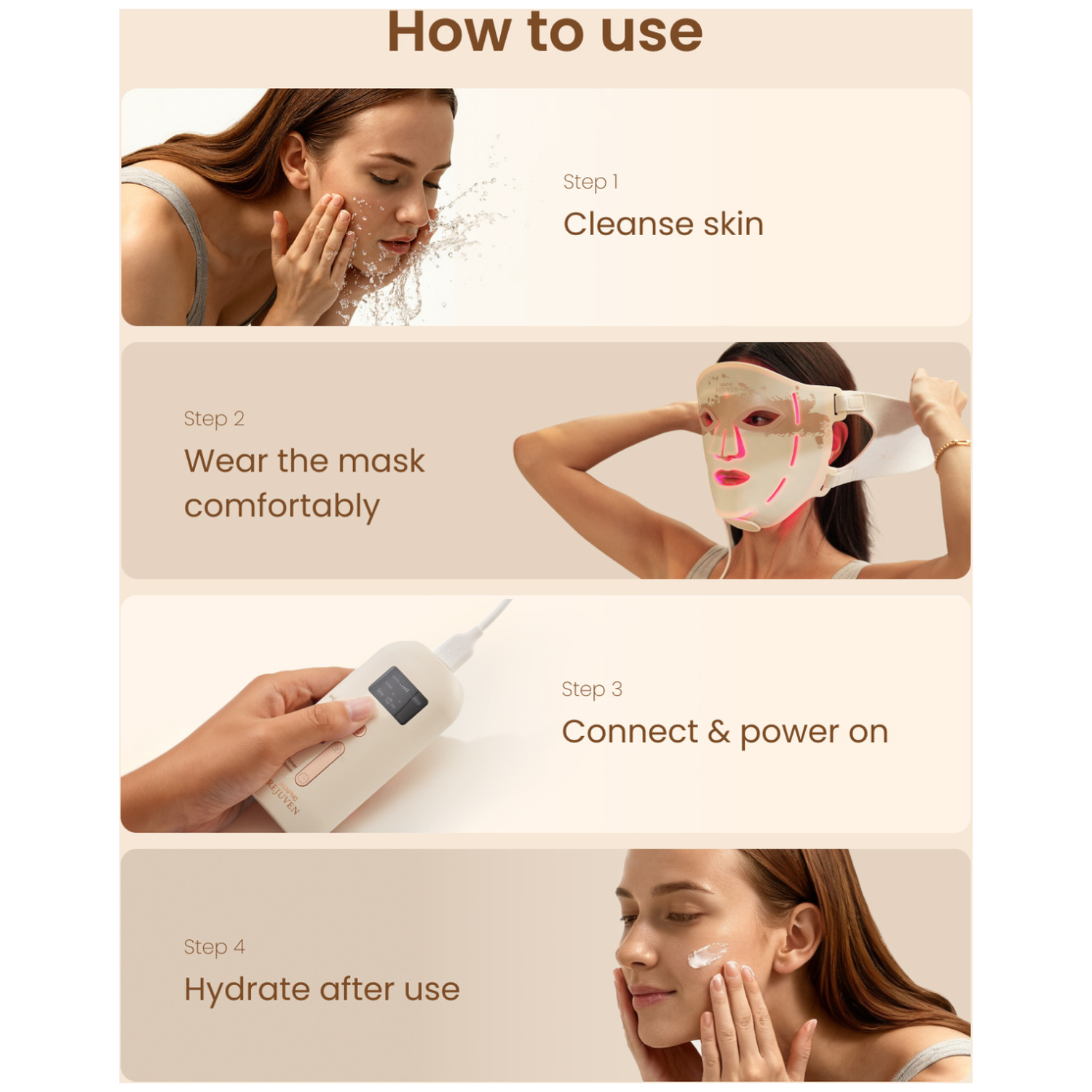 How to use: Cleanse skin, wear mask, connect device, hydrate skin.