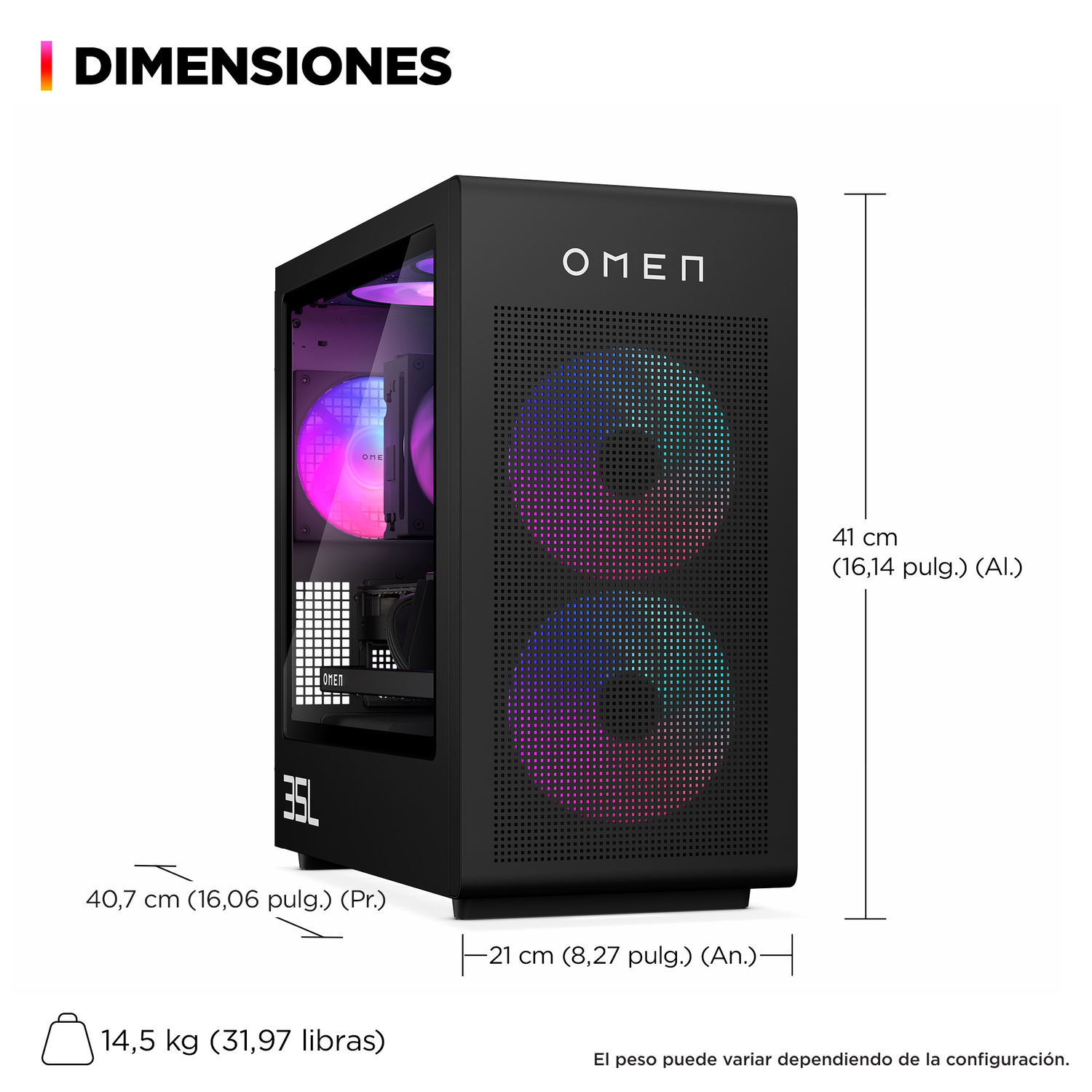 Caja PC OMEN negra con ventiladores RGB. Dimensiones: 41x21x40,7cm. Peso 14,5kg.