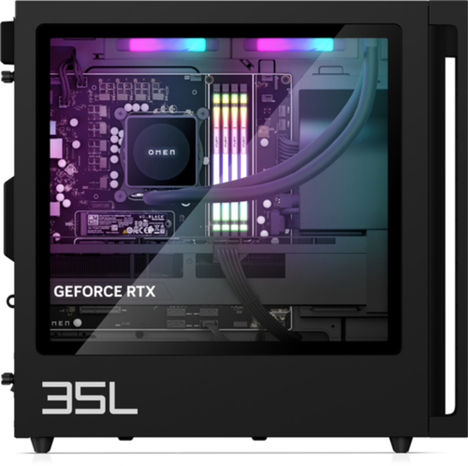 Una caja de PC negra con ventiladores y componentes iluminados visibles.