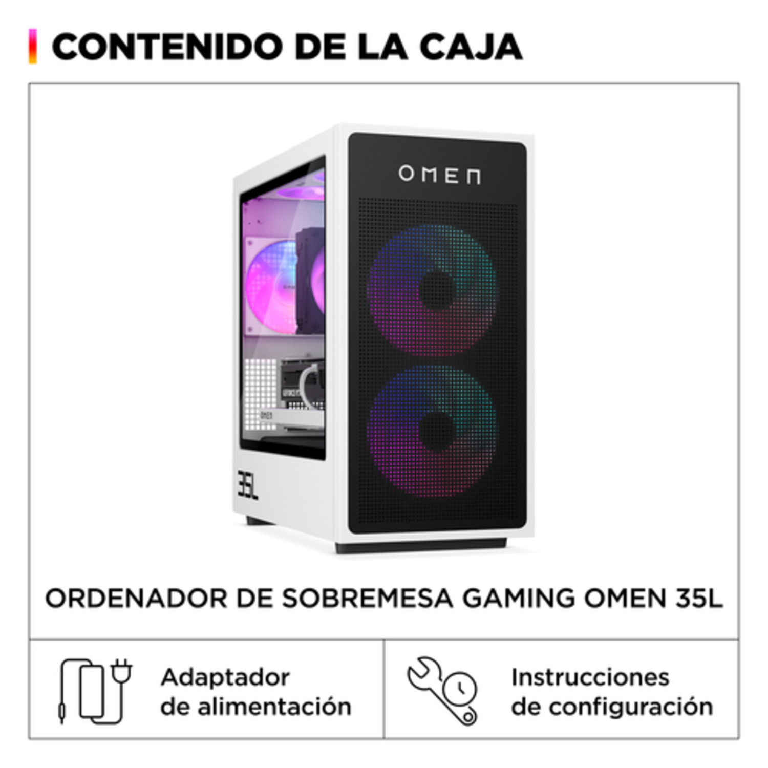 PC gaming OMEN blanco con luces RGB, adaptador de corriente e instrucciones.