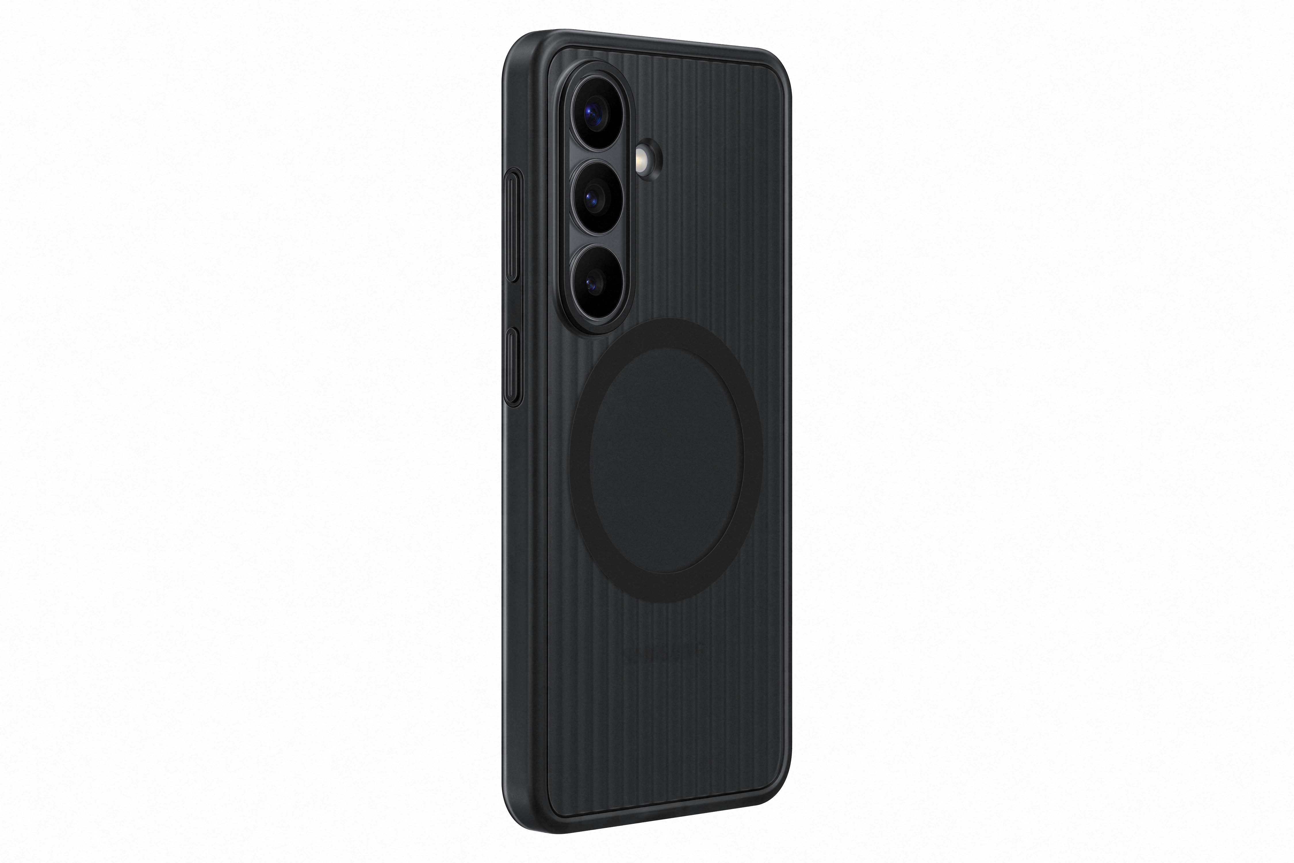 Schwarzes Handy mit drei Kameras und einem Kreis auf der Rückseite.