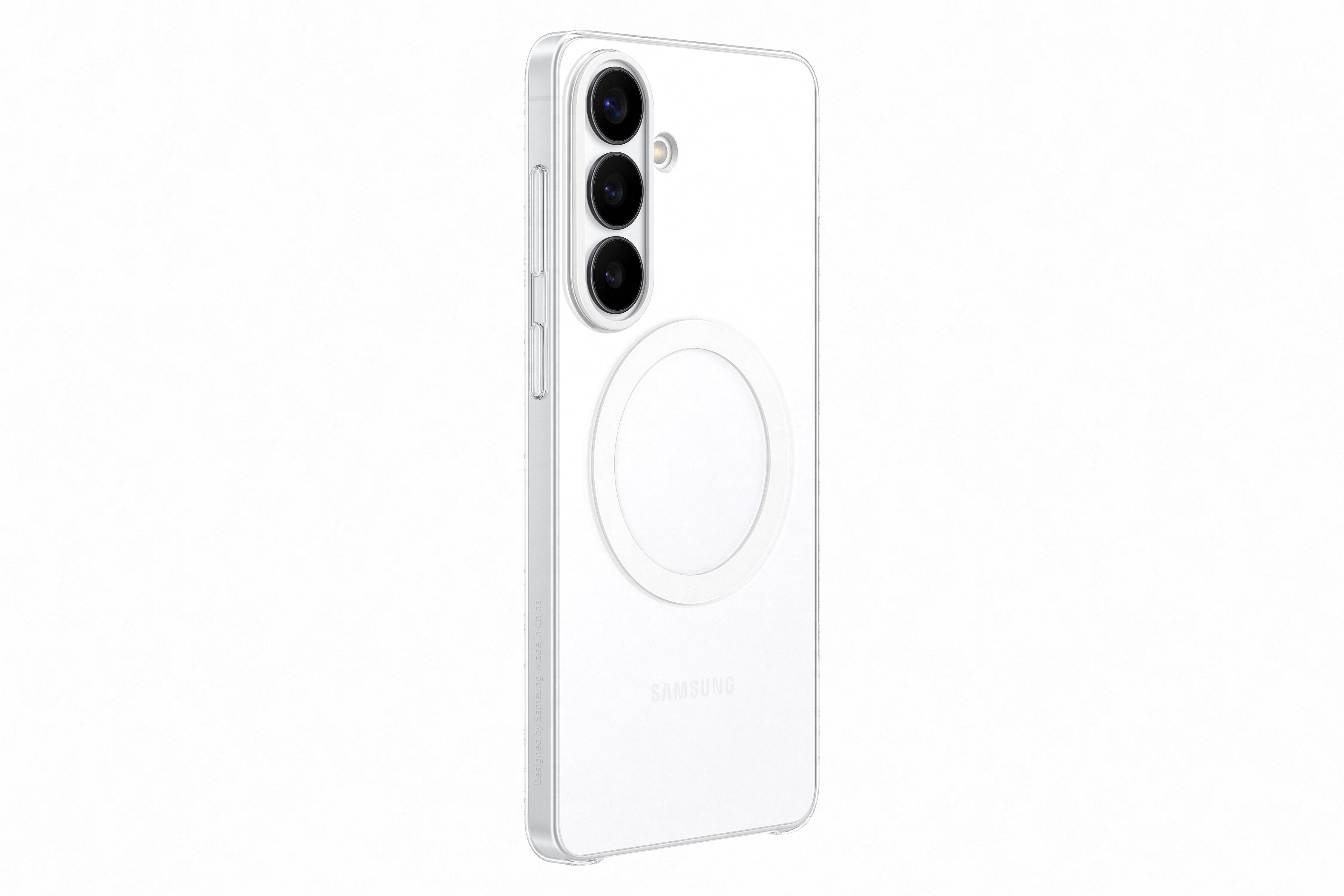 Ein durchsichtiges Samsung-Handy mit drei Kameras und einem Kreis auf der Rückseite.