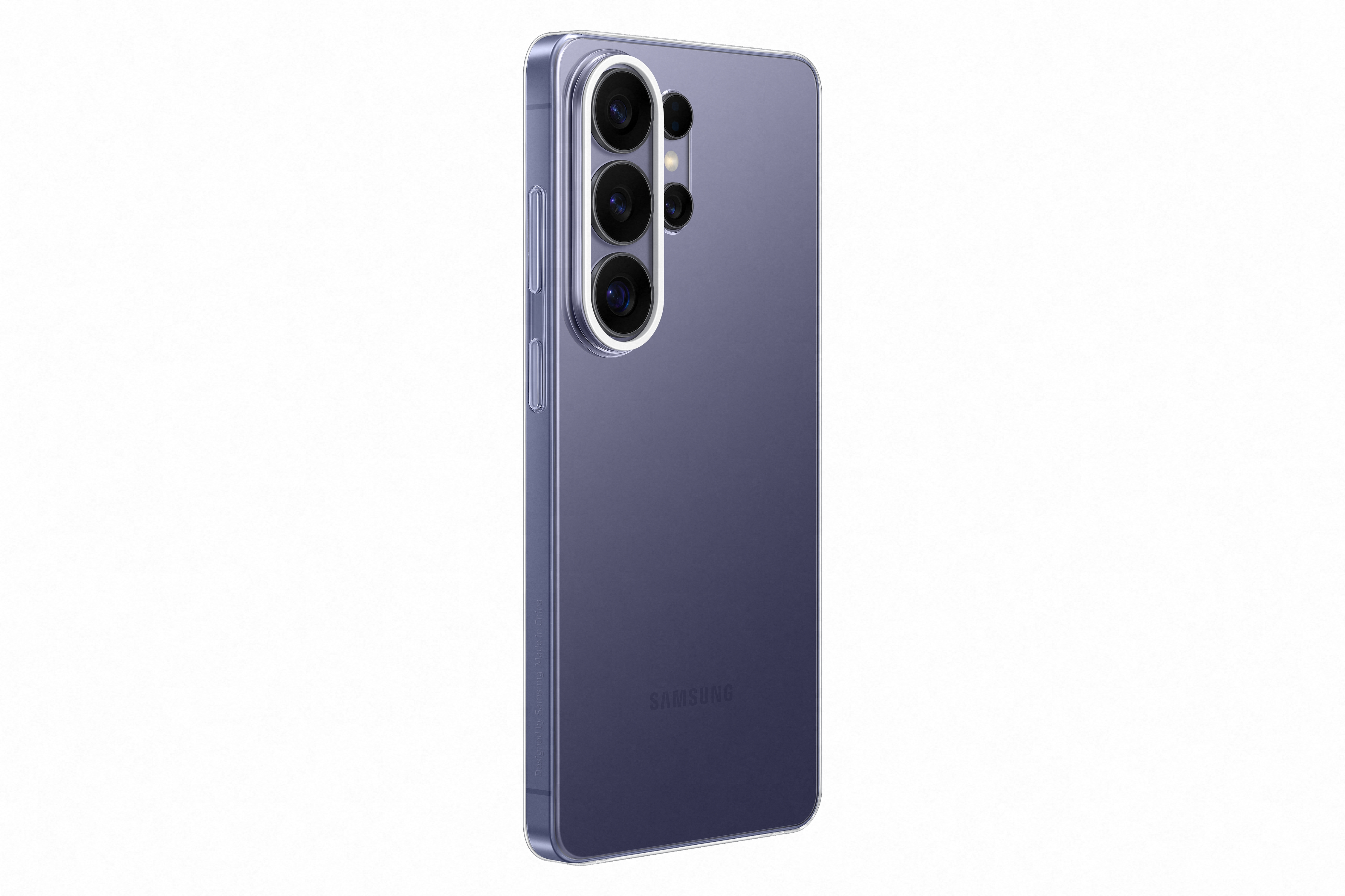 Lila Samsung Smartphone mit drei Kameras und glänzender Rückseite.