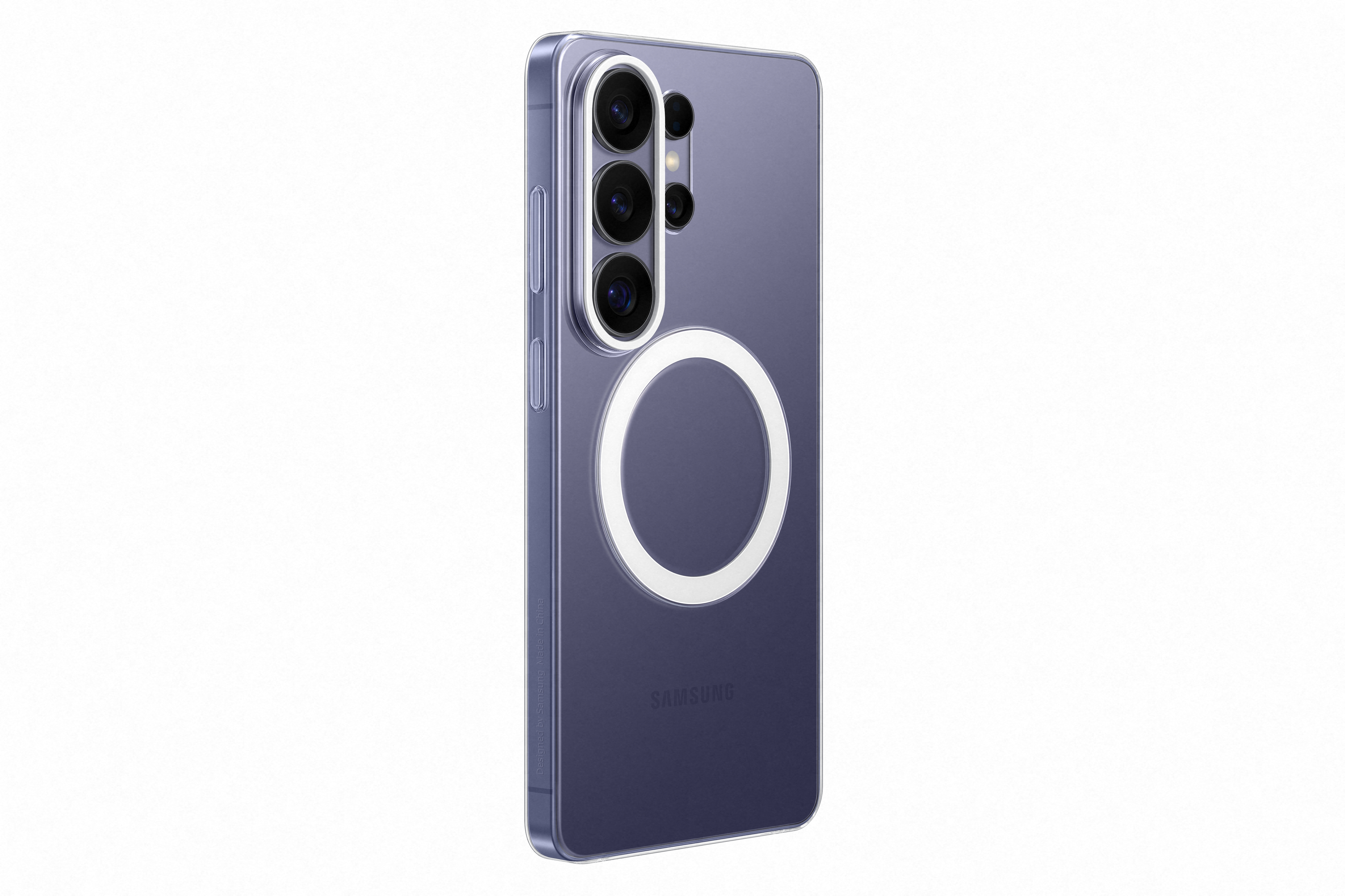 Ein violetter Samsung Handyhülle mit Kameras und Magnetring.