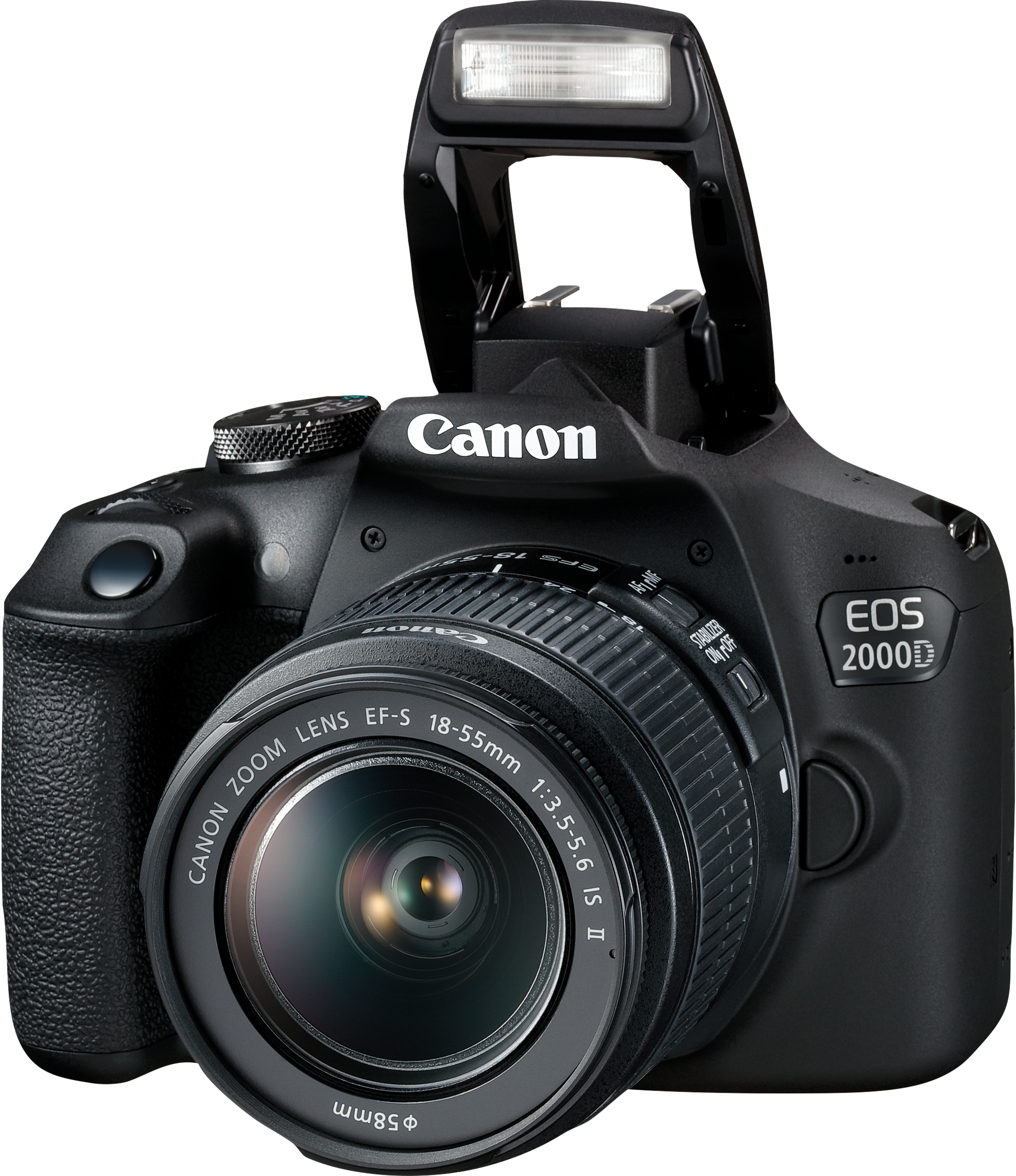 Appareil photo Canon EOS 2000D noir avec flash intégré et objectif EF-S 18-55mm.