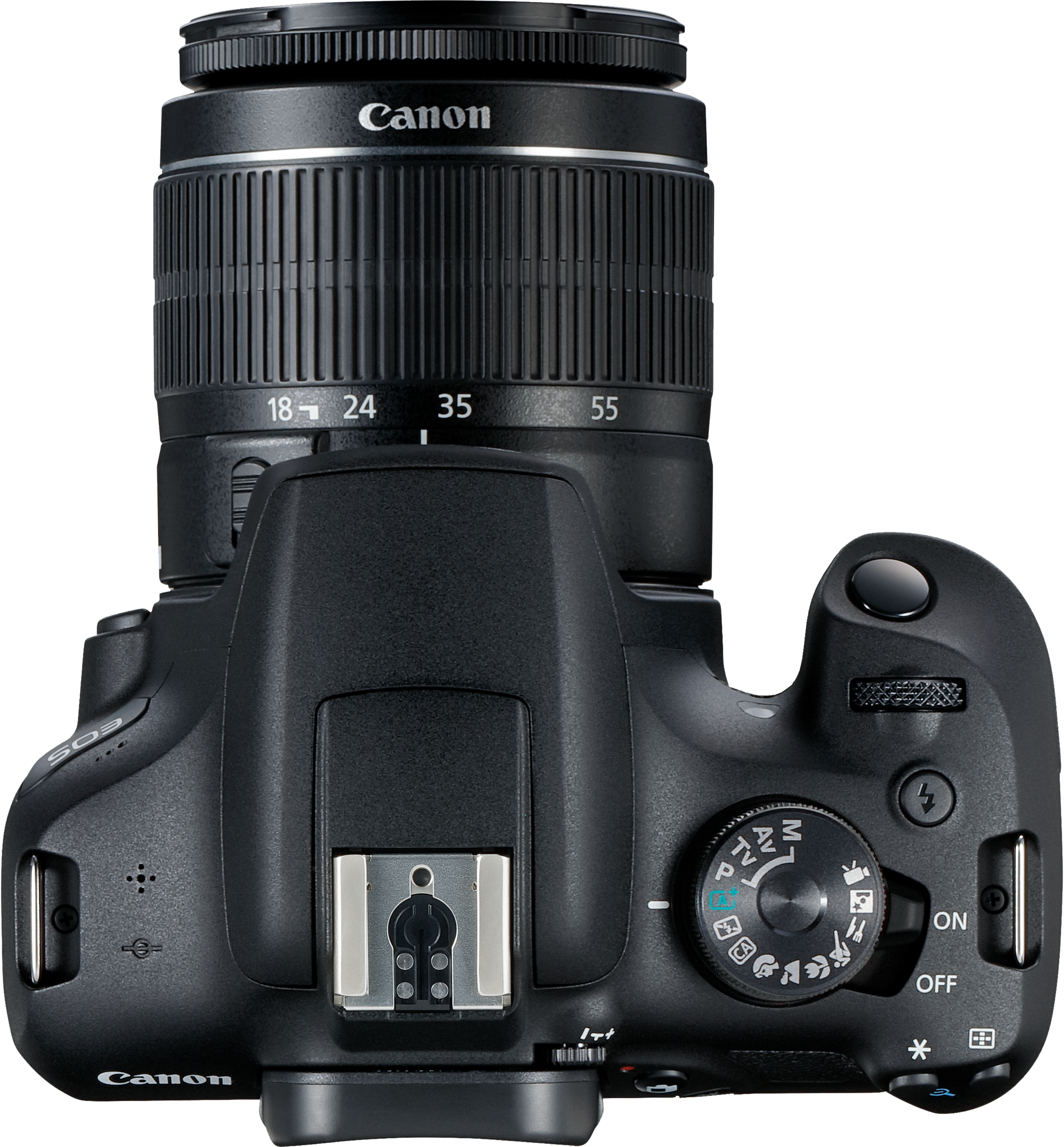 Vue de dessus d'un appareil photo numérique Canon EOS noir avec objectif.