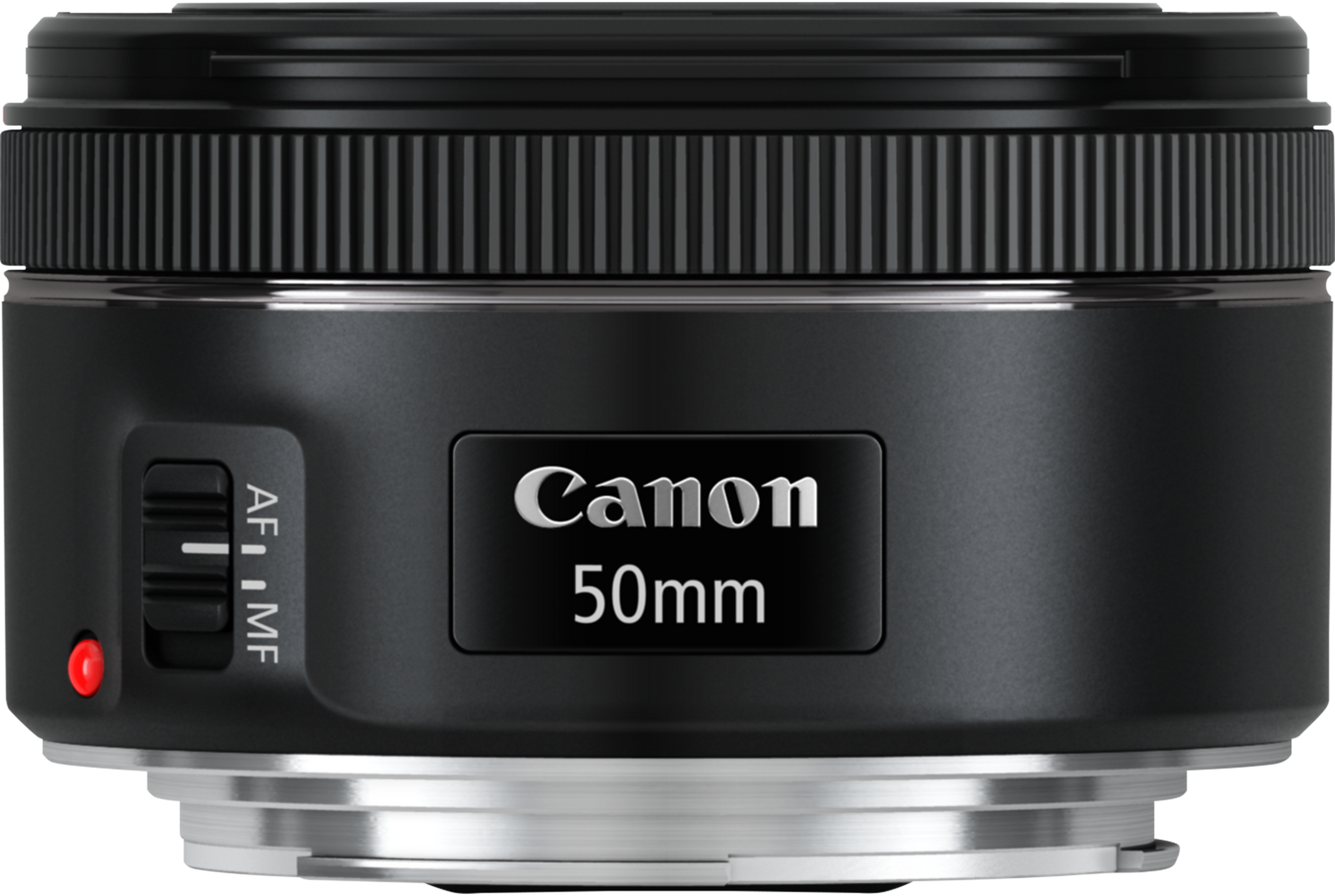Un objectif Canon 50mm noir avec interrupteur AF/MF et voyant rouge.