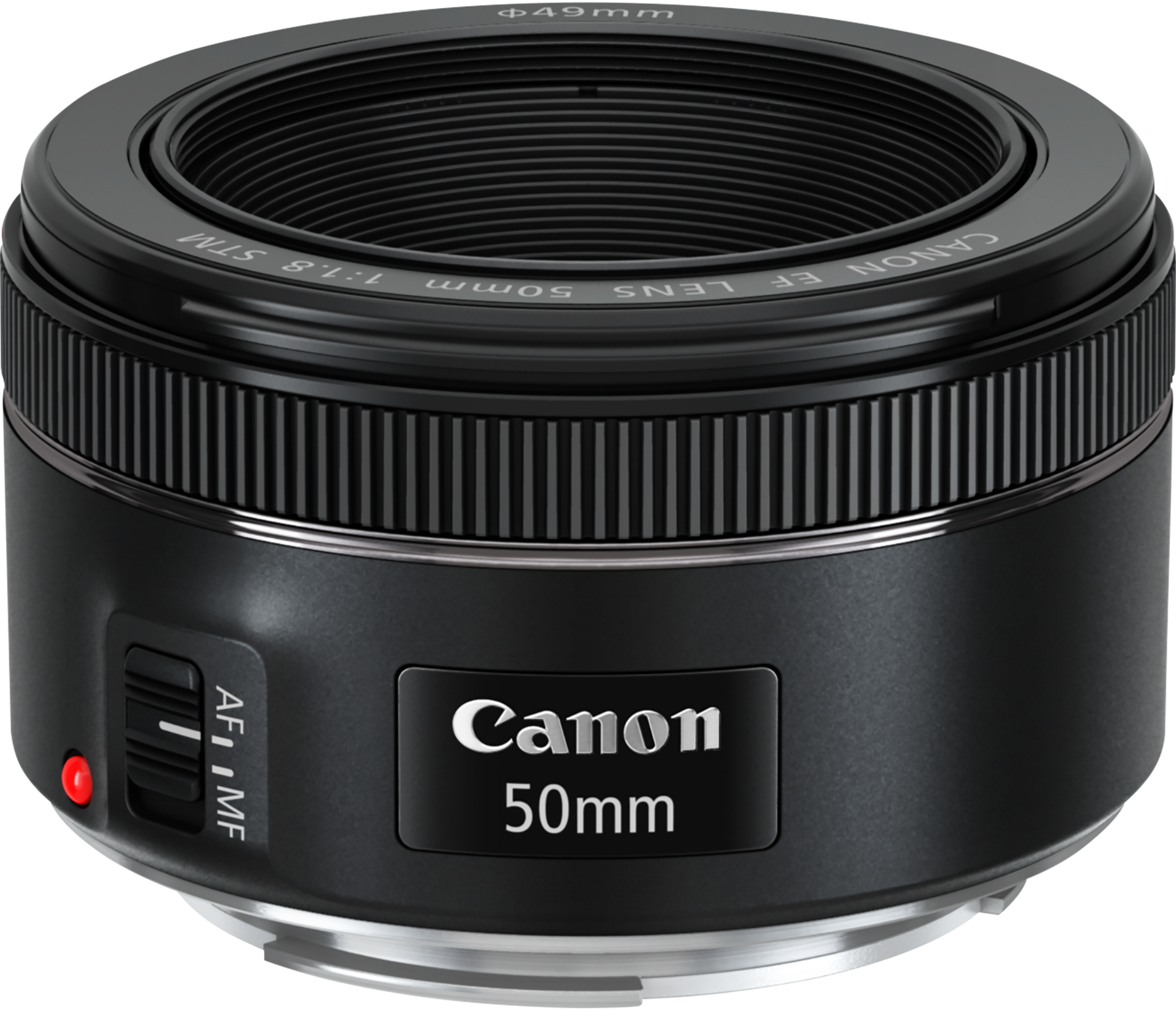 Un objectif Canon 50mm EF noir avec interrupteur AF/MF et voyant rouge.