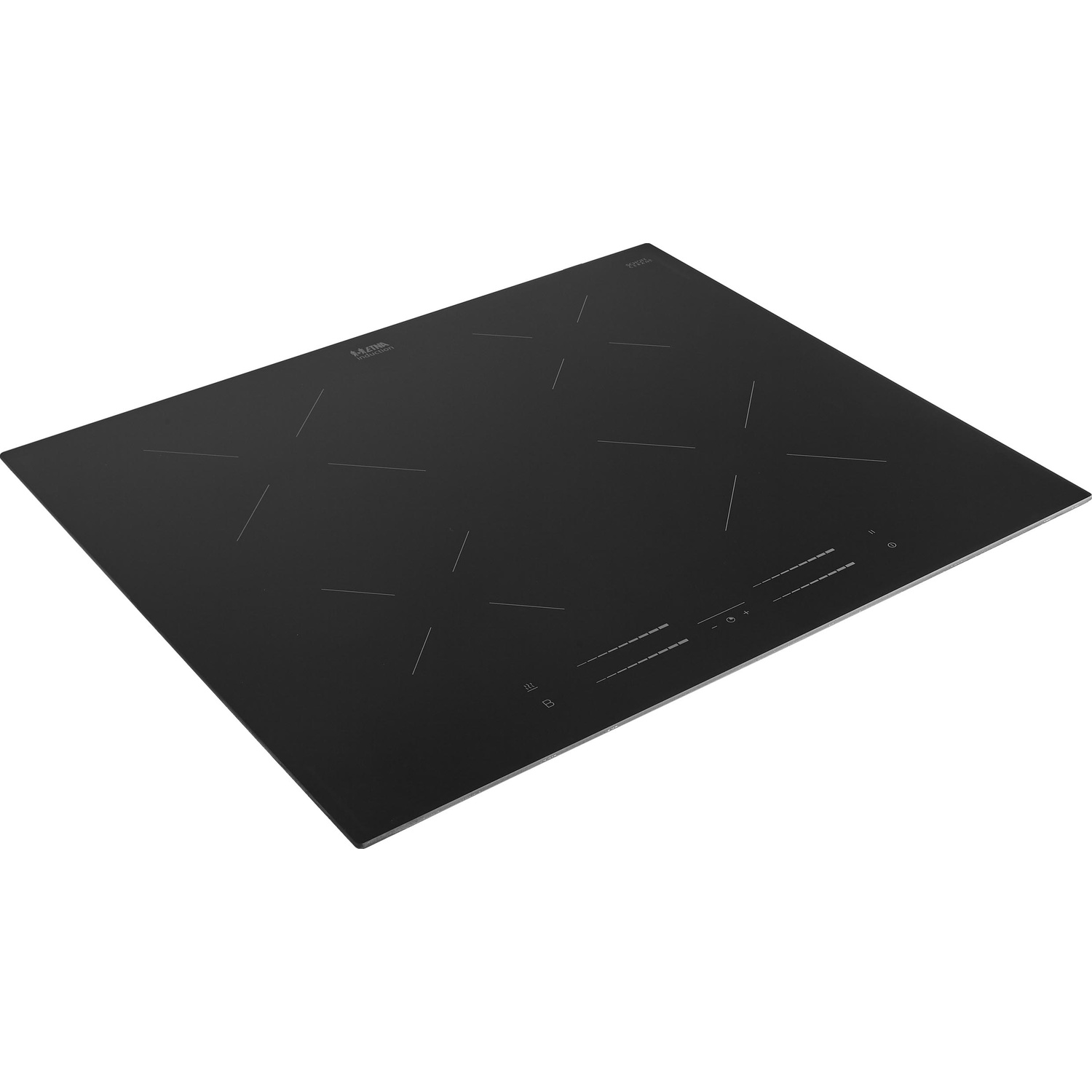 Plaque à induction noire avec quatre zones de cuisson et commandes tactiles.