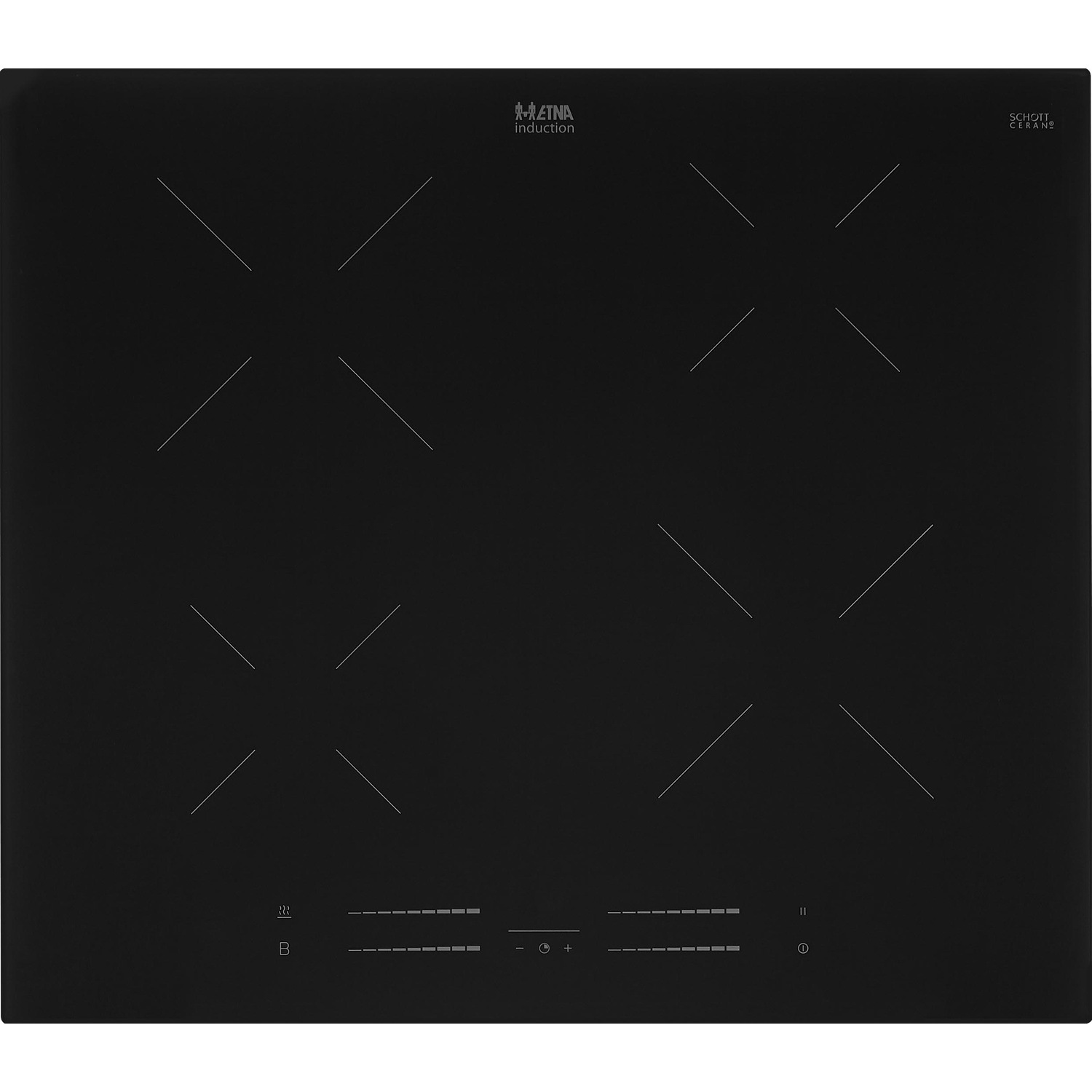 Plaque à induction noire avec quatre zones de cuisson et commandes tactiles.