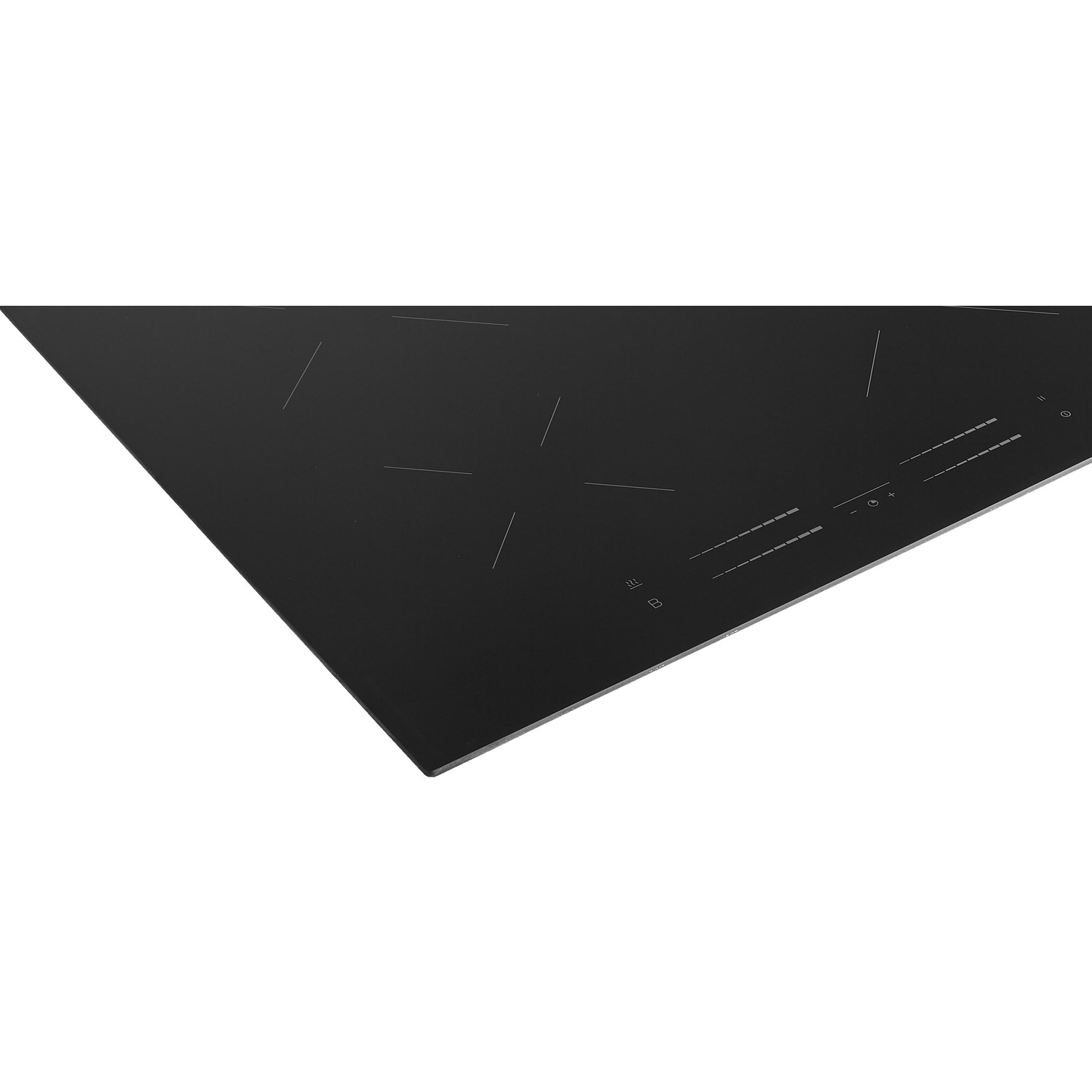 Plaque vitrocéramique noire avec marquages de zones de cuisson et commandes.