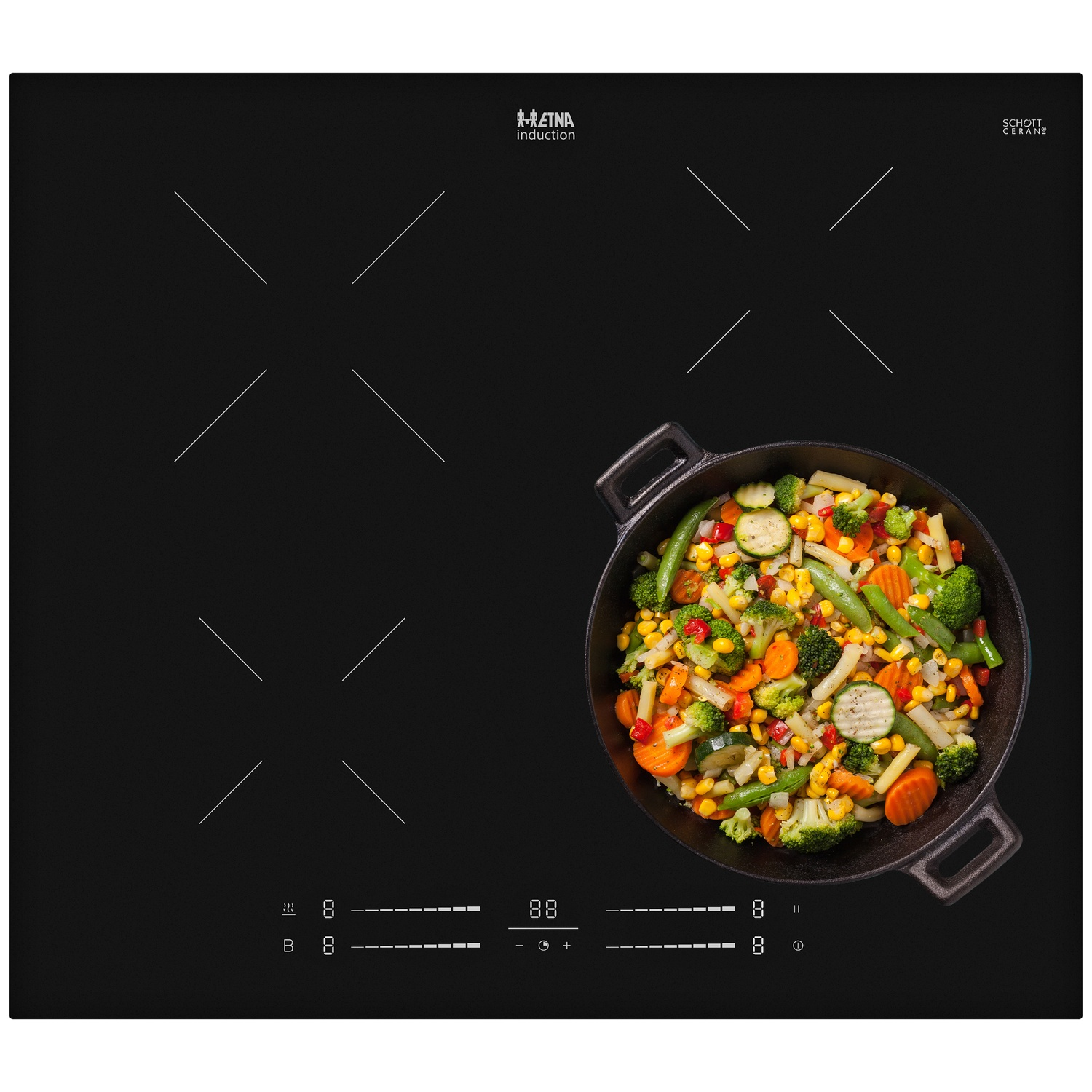 Plaque de cuisson à induction noire avec une cocotte de légumes colorés.