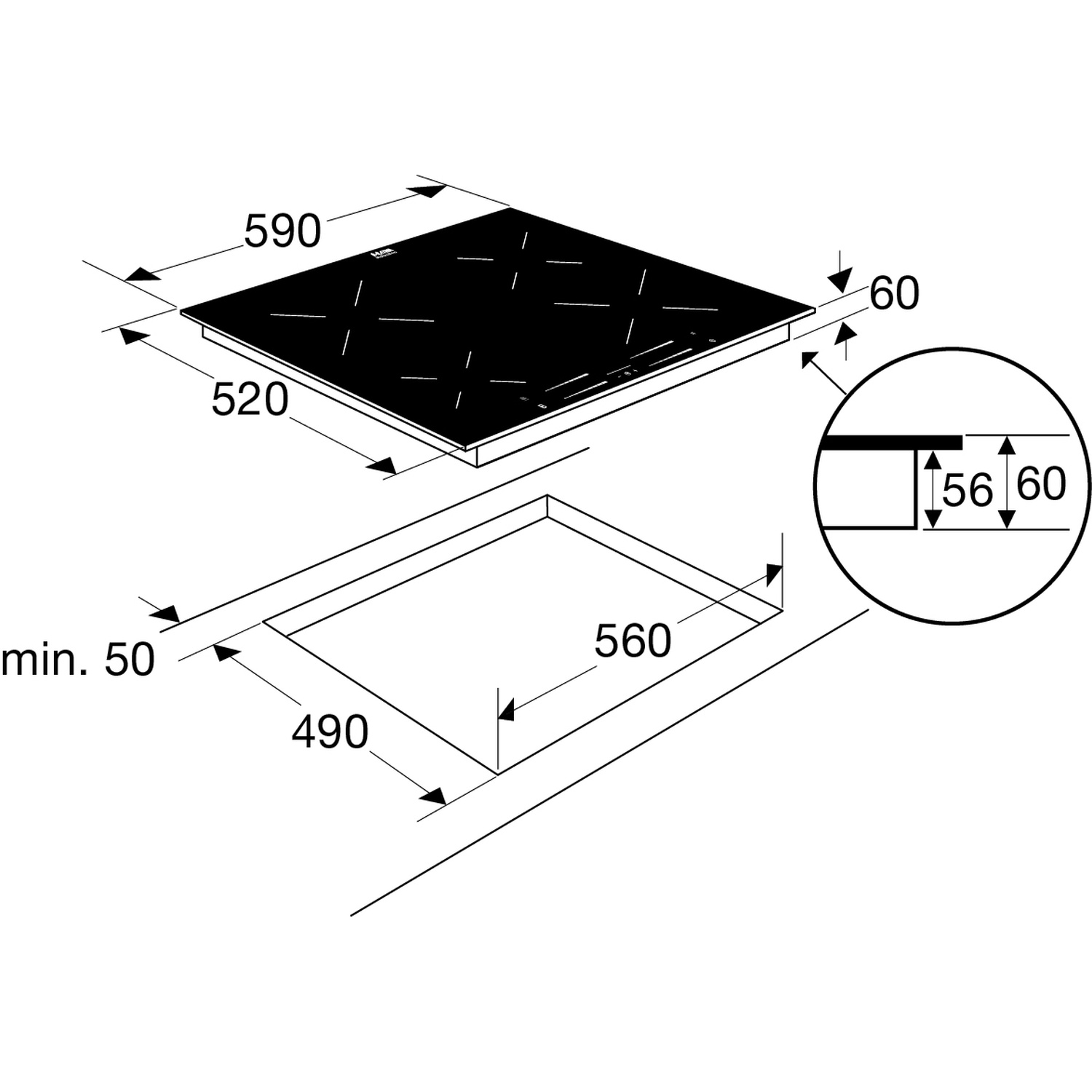 Dessin technique d'une table de cuisson avec dimensions.