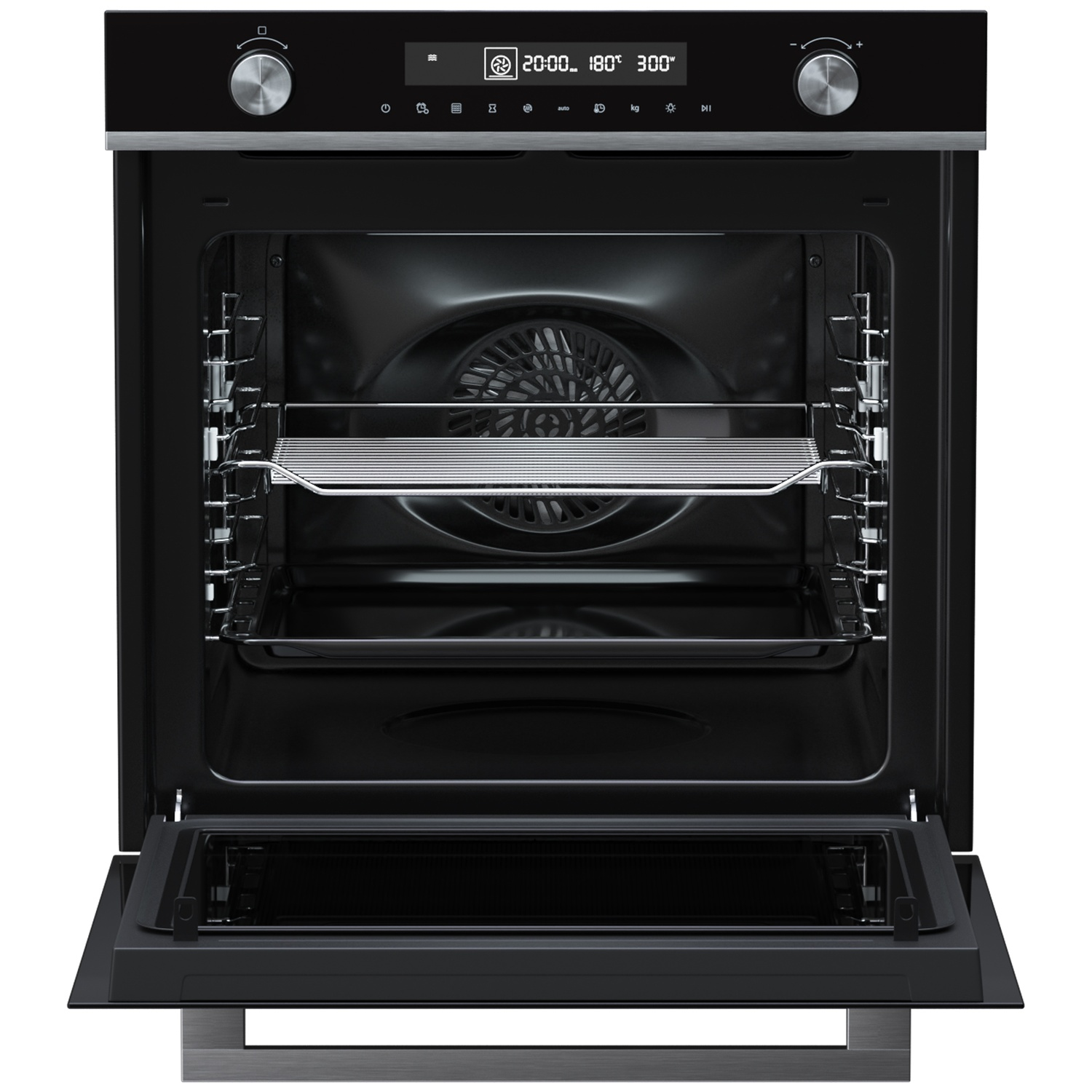 An open black oven with silver controls and a digital display.