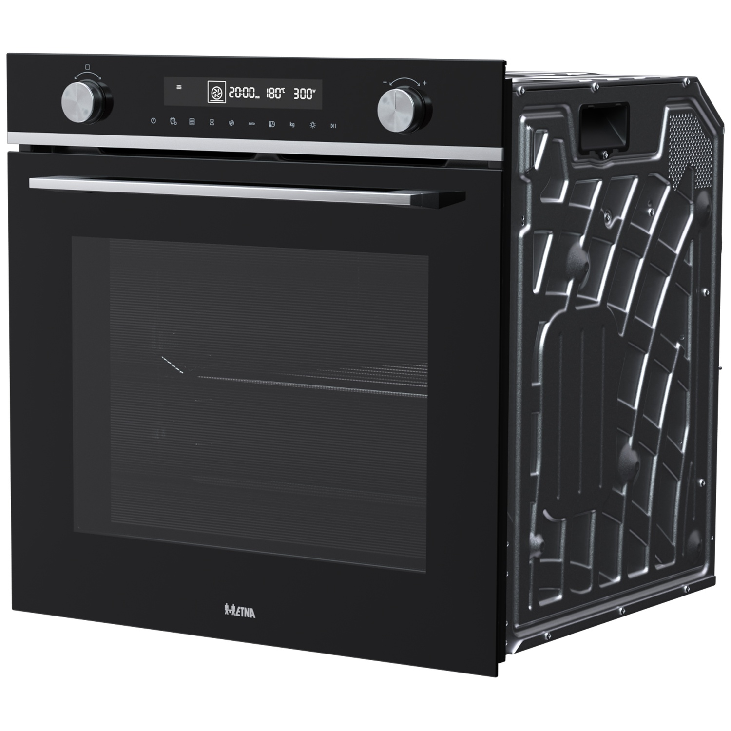 Black built-in oven with silver knobs and a digital display.