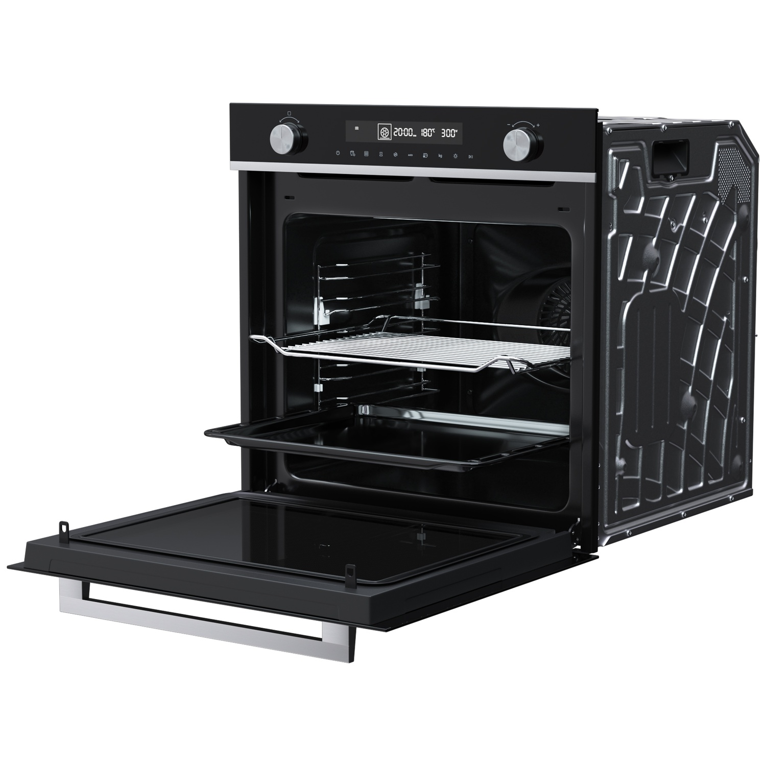 A black built-in oven with its door open and a rack pulled out.