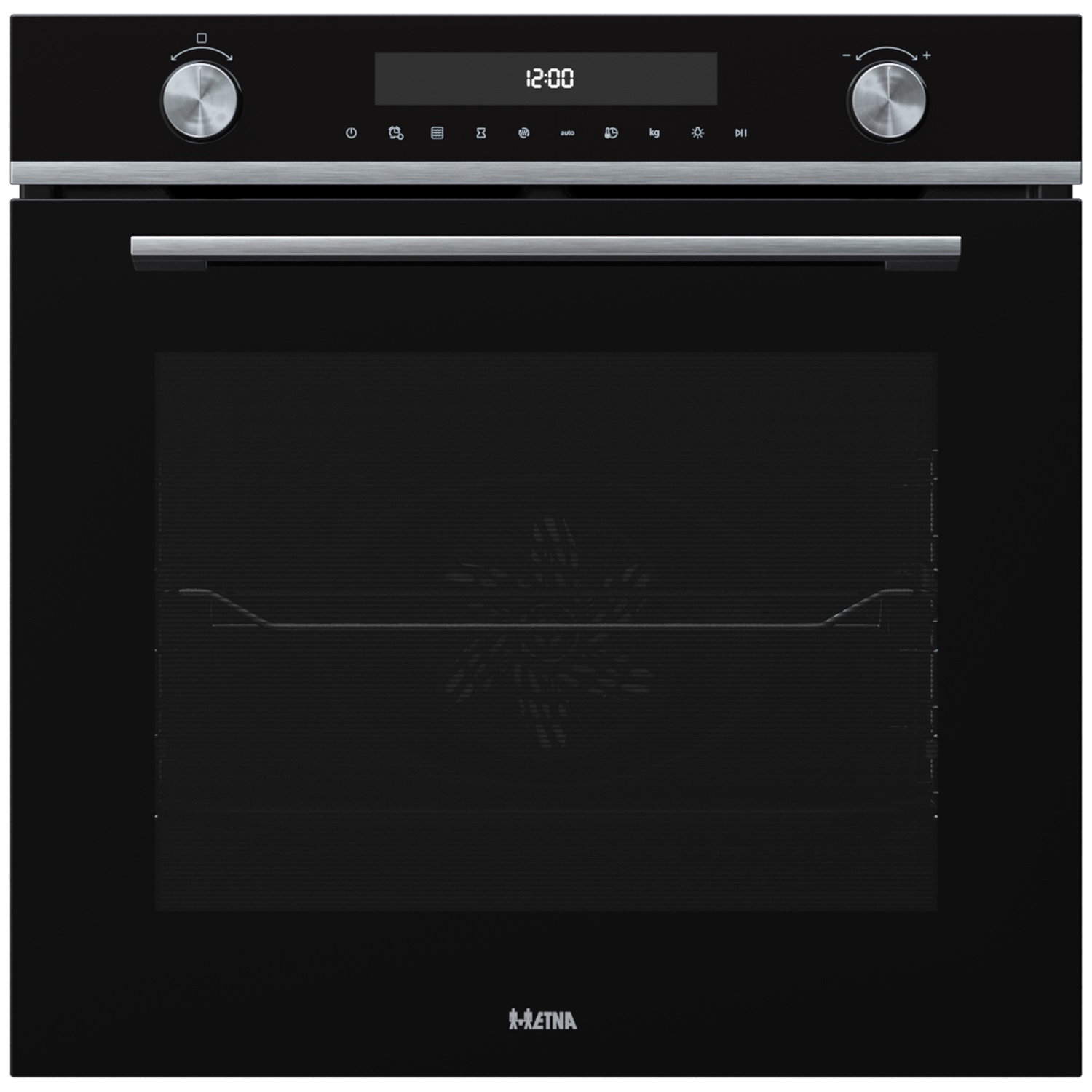 Black built-in oven with digital display, two knobs, and a glass door.