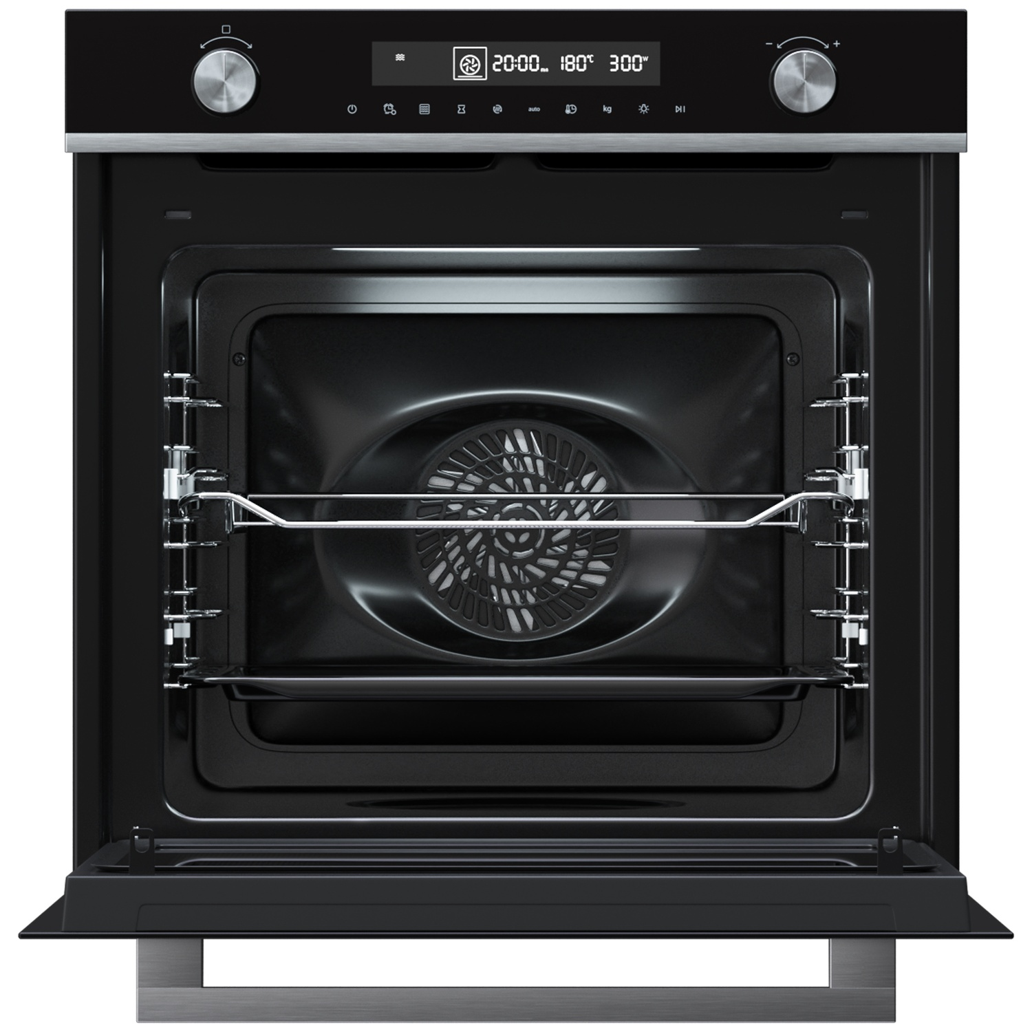 A black oven with its door open, showing the interior, fan, and rack.