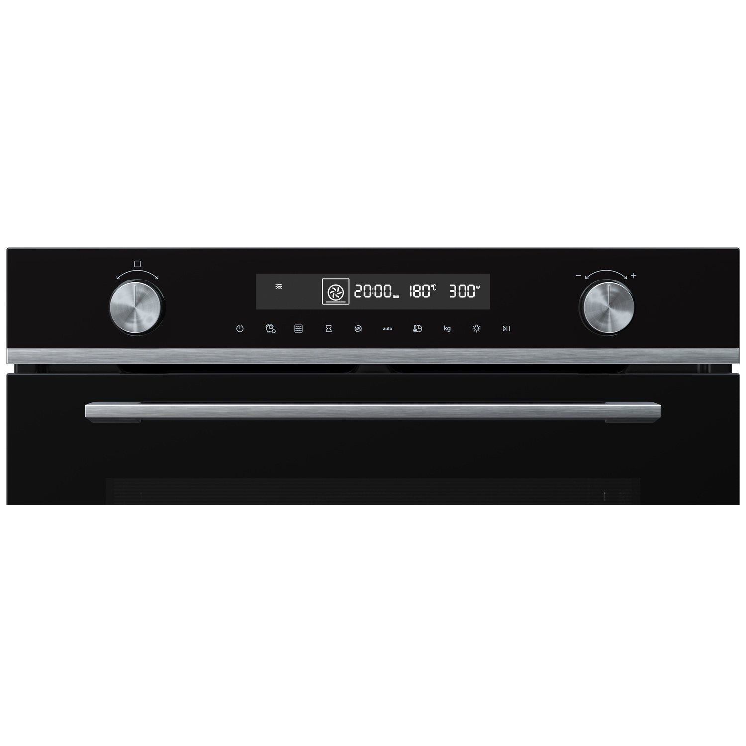 A modern black oven with a digital display and control knobs.