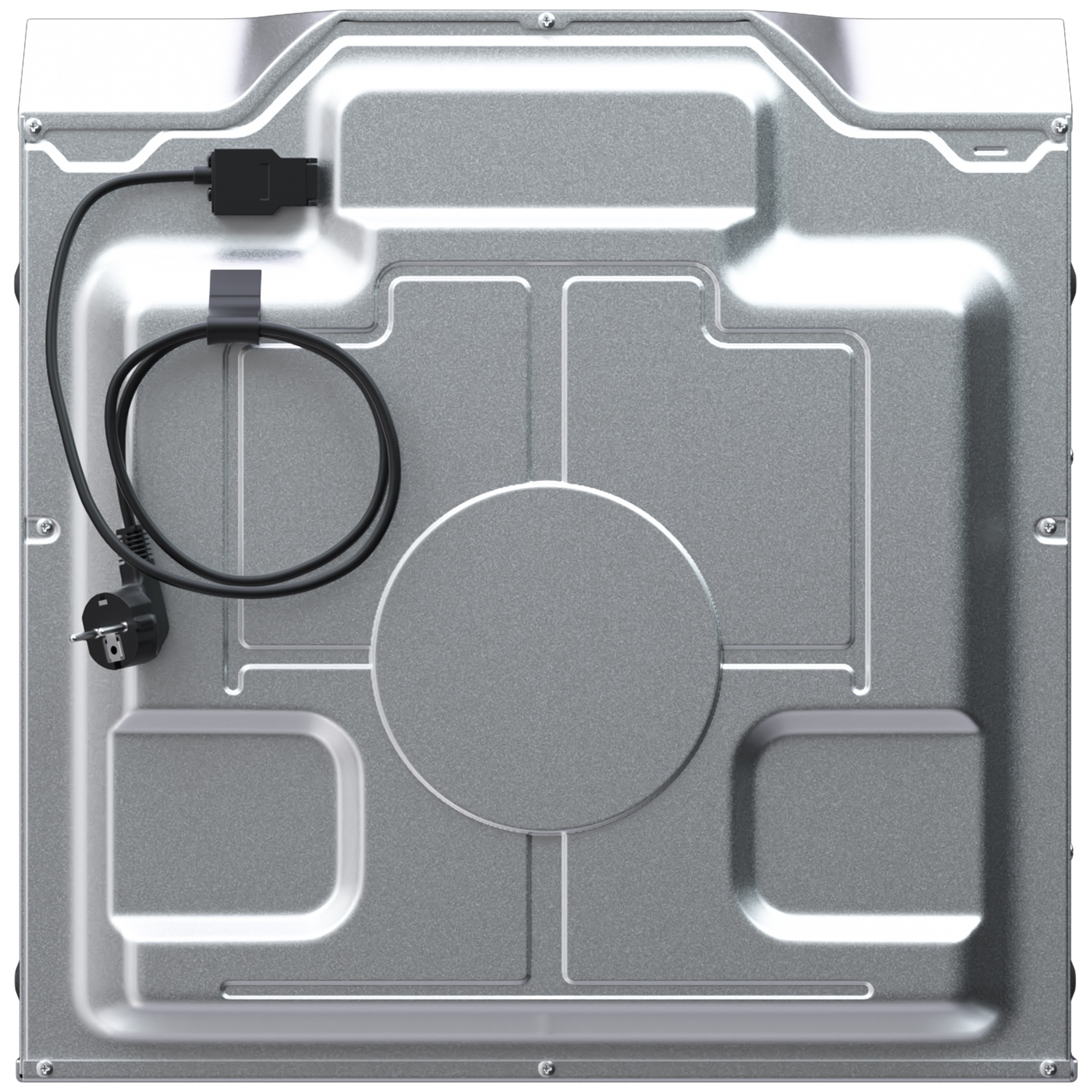 Rear of a device with a silver metal surface, black cable, and plug.