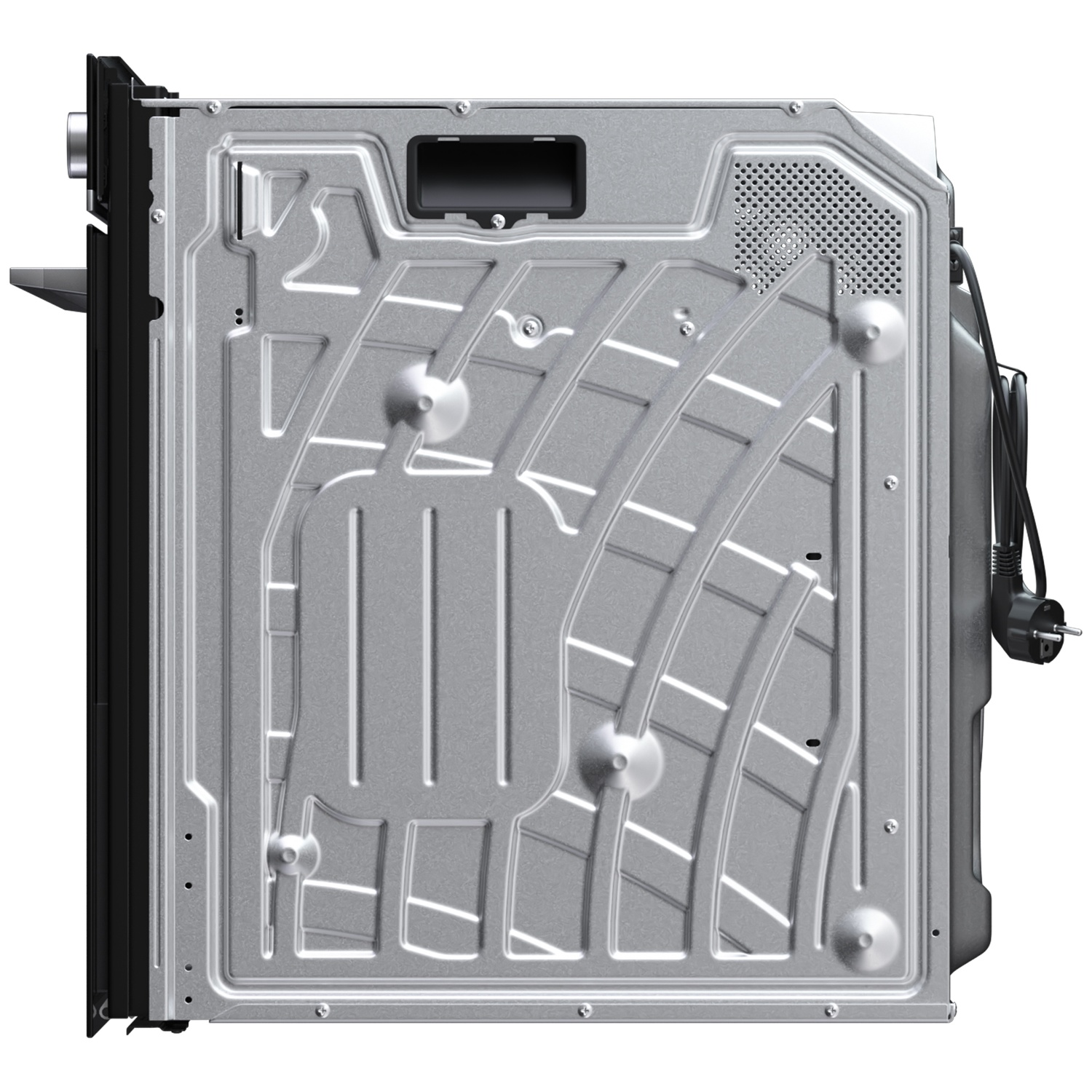 Back of an oven with a silver metal casing, vents, and a power cord.