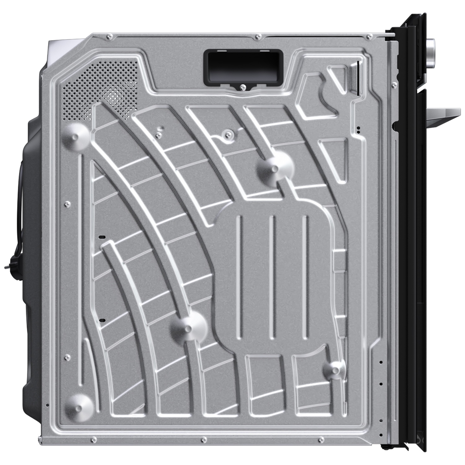 The back of an oven with visible metal ribs and ventilation holes.